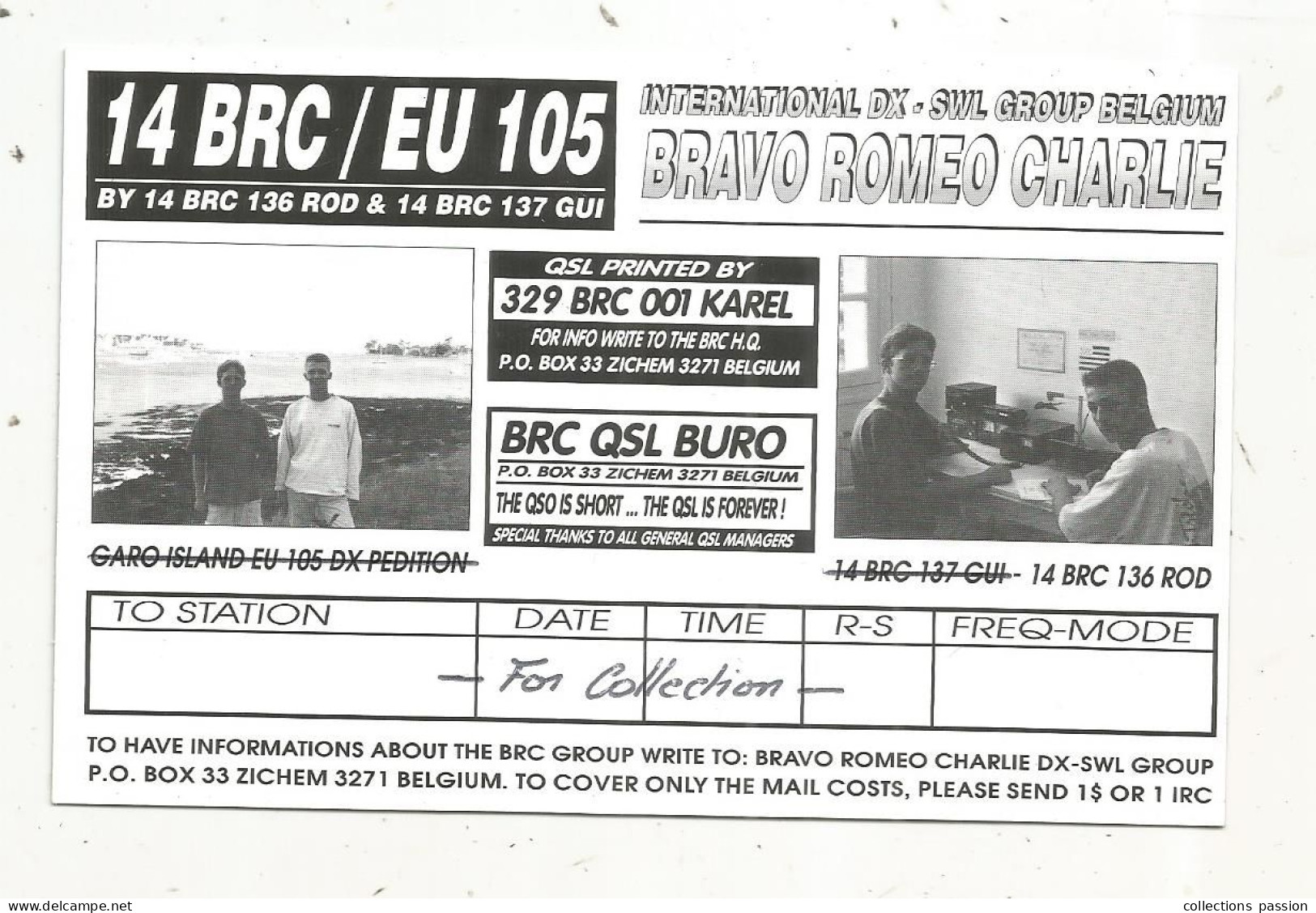 Cp , Carte QSL ,  BRAVO ROMEO CHARLIE, International DX - SWL Group Belgium, ILE GARO ,BRETAGNE,29,  2 Scans - Radio Amatoriale