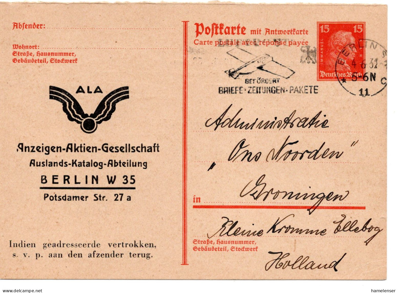 64604 - Deutsches Reich - 1932 - 15Pfg Kant GAAntwKte (Frageteil) BERLIN - ... -> Niederlande - Brieven En Documenten