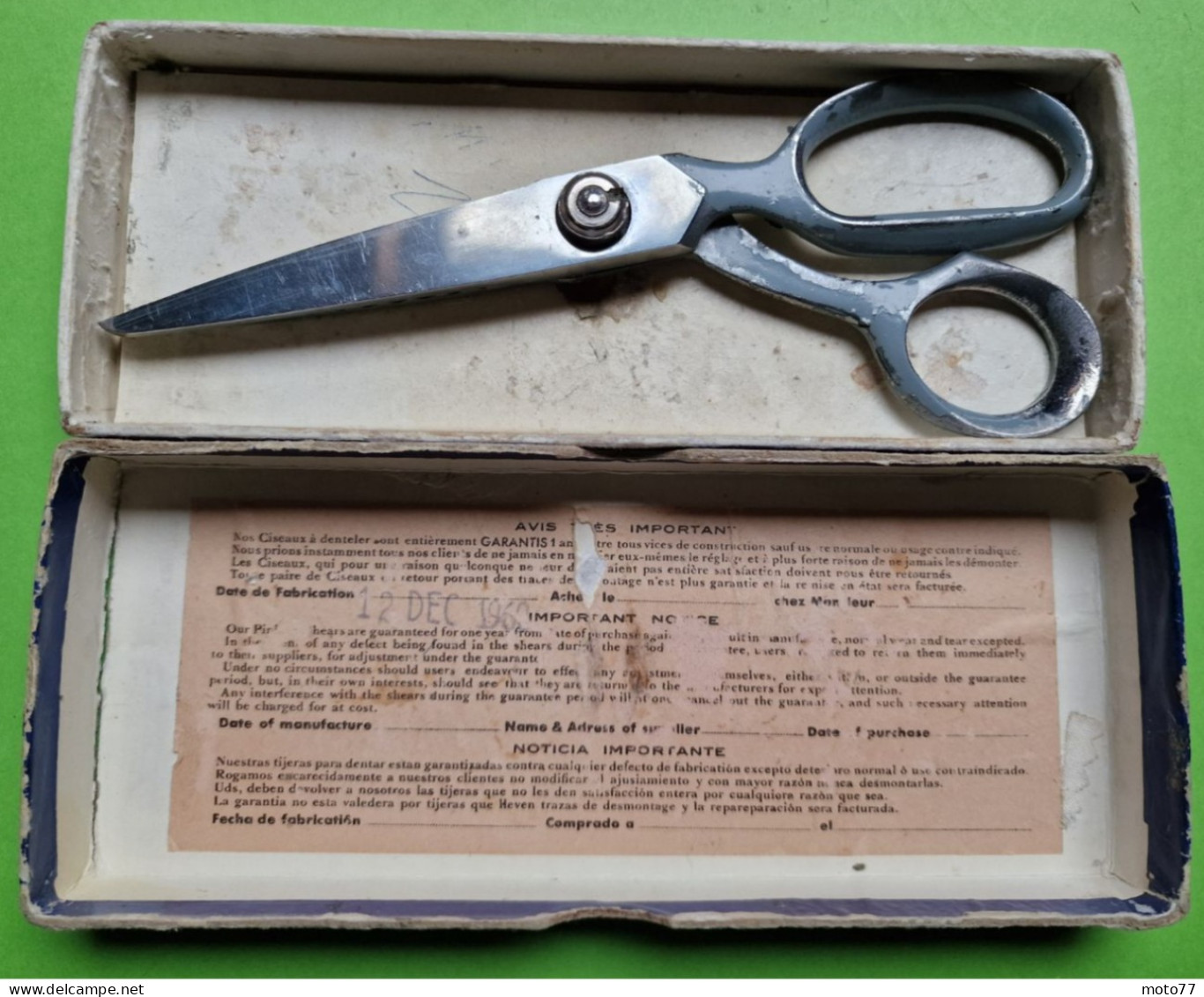 RARE Ancien OUTIL spécial - Paire de CISEAUX à DENTELER "Le Grelot" - Usine Doré Doré DD - "Laissé dans son jus"- 1969