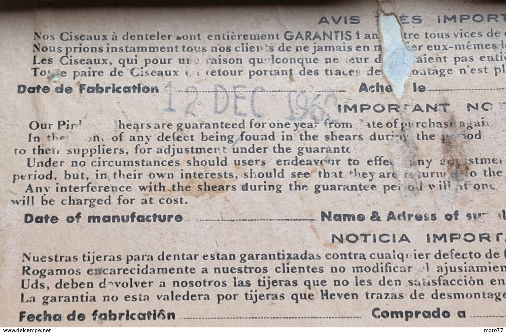 RARE Ancien OUTIL spécial - Paire de CISEAUX à DENTELER "Le Grelot" - Usine Doré Doré DD - "Laissé dans son jus"- 1969