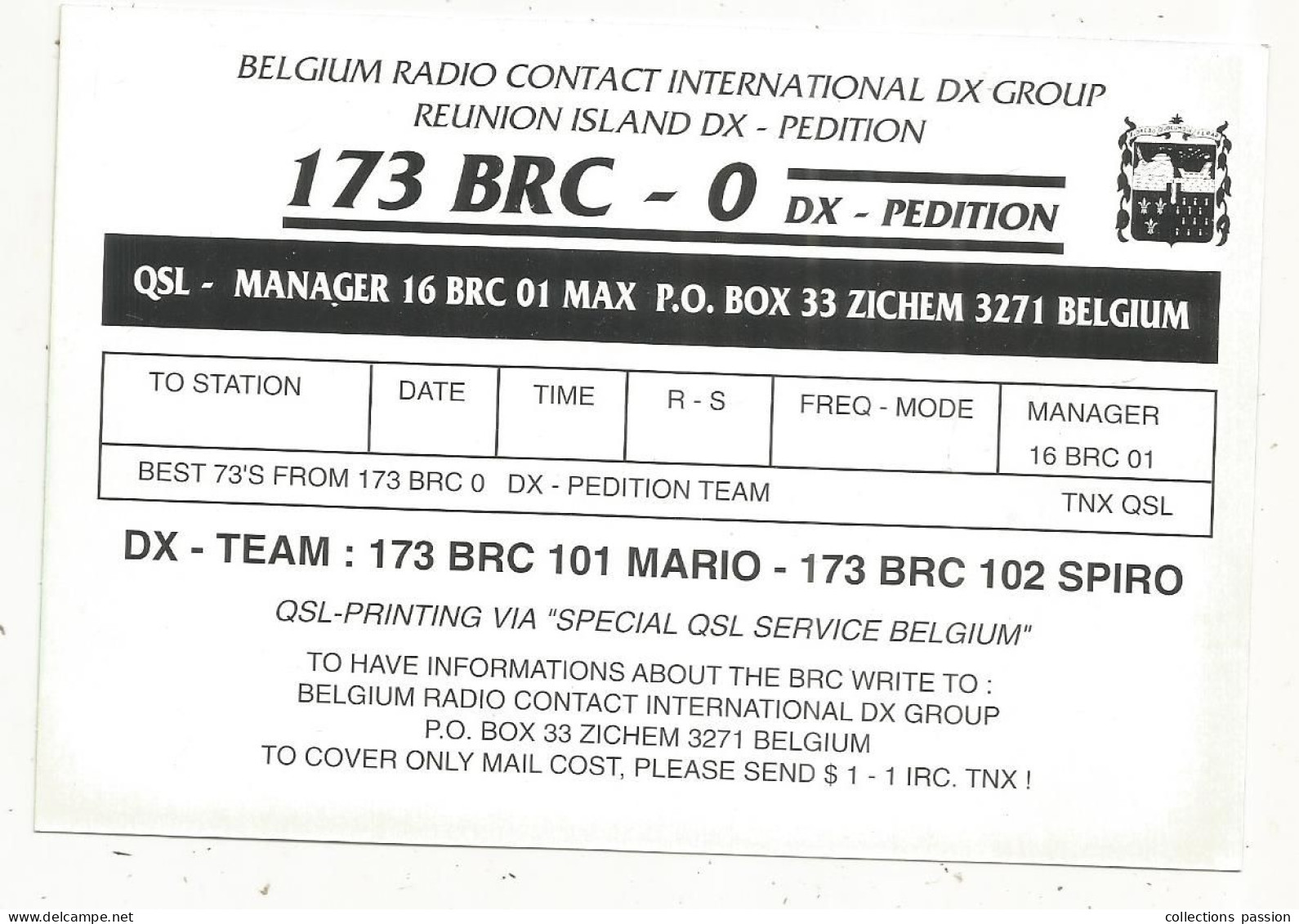 Cp , Carte QSL ,  BRAVO ROMEO CHARLIE, International DX - SWL Group Belgium, ILE DE LA REUNION,  2 Scans - Radio Amatoriale