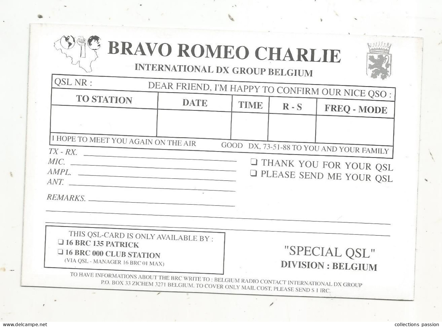 Cp , Carte QSL ,  BRAVO ROMEO CHARLIE, International DX  Group Belgium, ZICHEN ,BELGIUM,  2 Scans - Radio Amatoriale