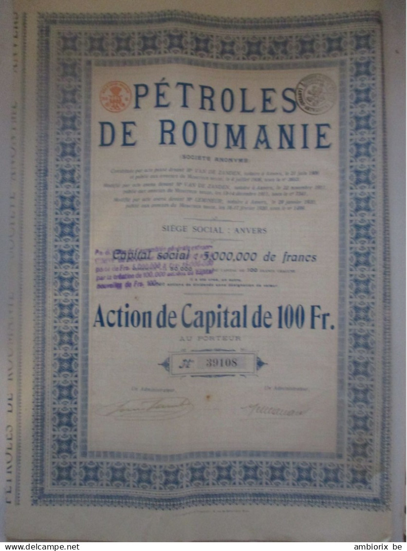 Pétroles De Roumanie - Action De Capital - 1920 - Oil
