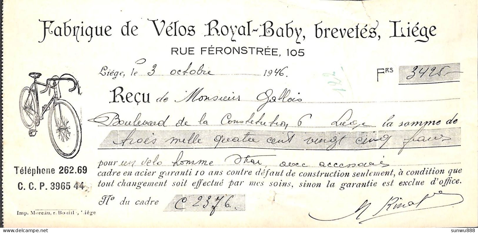 Quittance Fabrique De Vélos Royal Baby, Liège Illustrée 1946 (3425 Fr + Timbres Fiscaux) - Straßenhandel Und Kleingewerbe