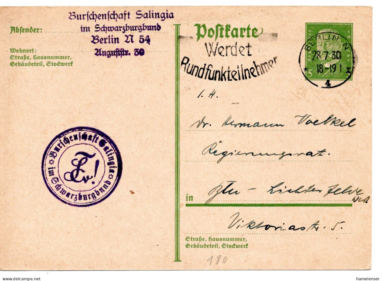 64606 - Deutsches Reich - 1930 - 5Pfg Hindenburg OrtsGAKte BERLIN, Abs: B! Salingia - Other & Unclassified
