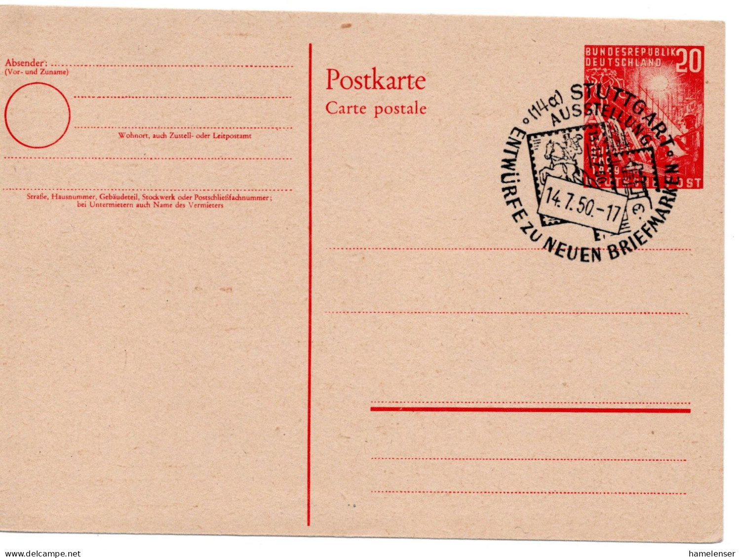 64609 - Bund - 1950 - 20Pfg 1.Bundestag GAKte SoStpl STUTTGART - AUSSTELLUNG ENTWUERFE ZU NEUEN BRIEFMARKEN - Briefmarken Auf Briefmarken