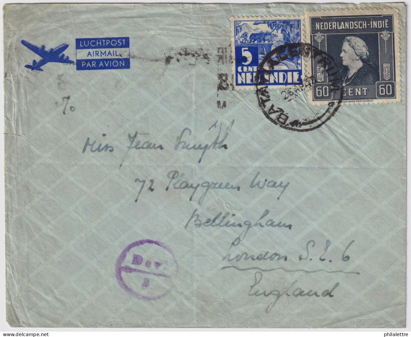 INDES NÉERLANDAISES / DUTCH EAST INDIES - 1948 Air Mail Cover From BATAVIA To London - "DEV. / 2" Currency Control Mark - Netherlands Indies