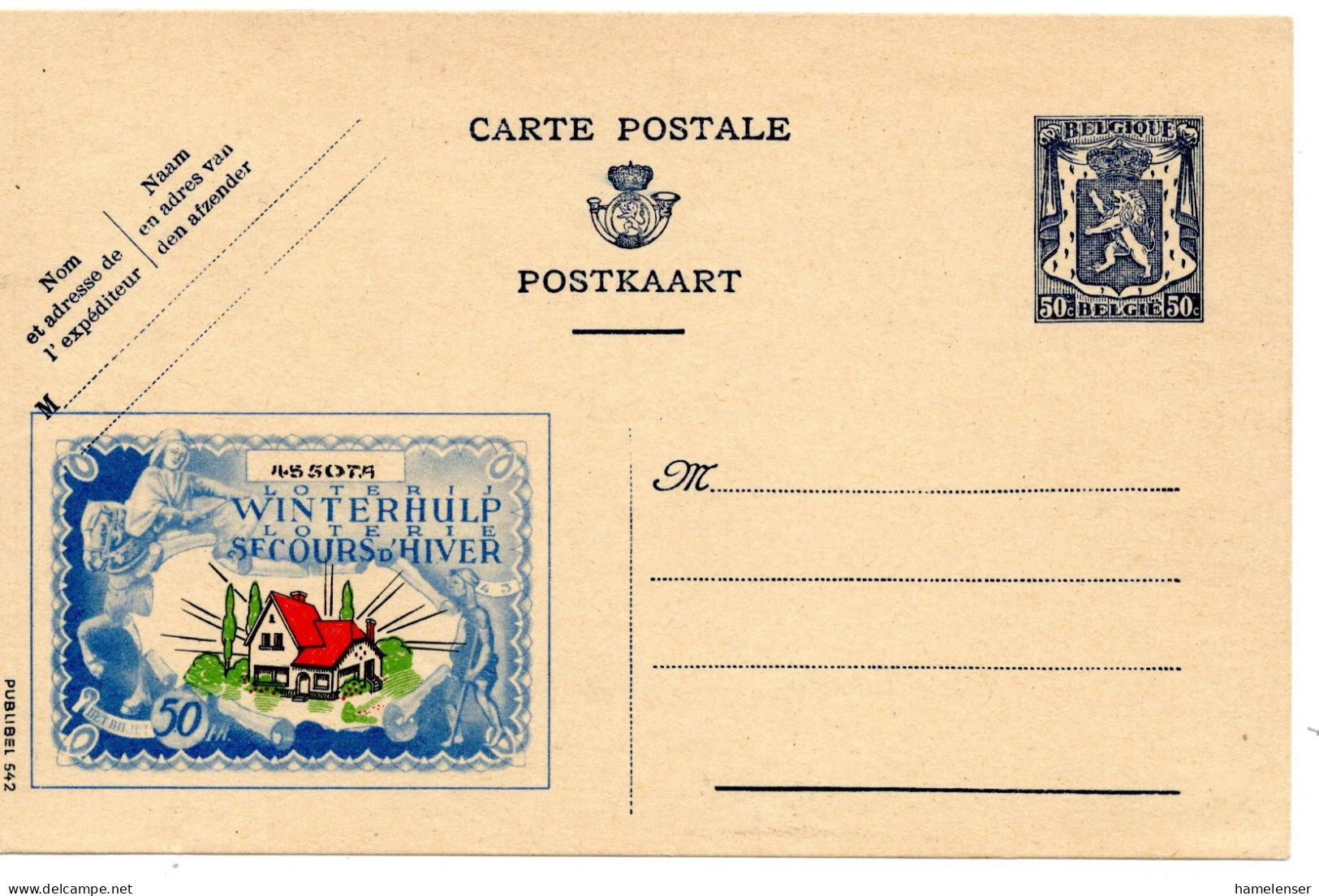 64611 - Belgien - 1941 - 50c Wappenloewe GAKte Publibel #542 "Winterhilfslotterie", Ungebraucht - 1929-1937 Heraldischer Löwe