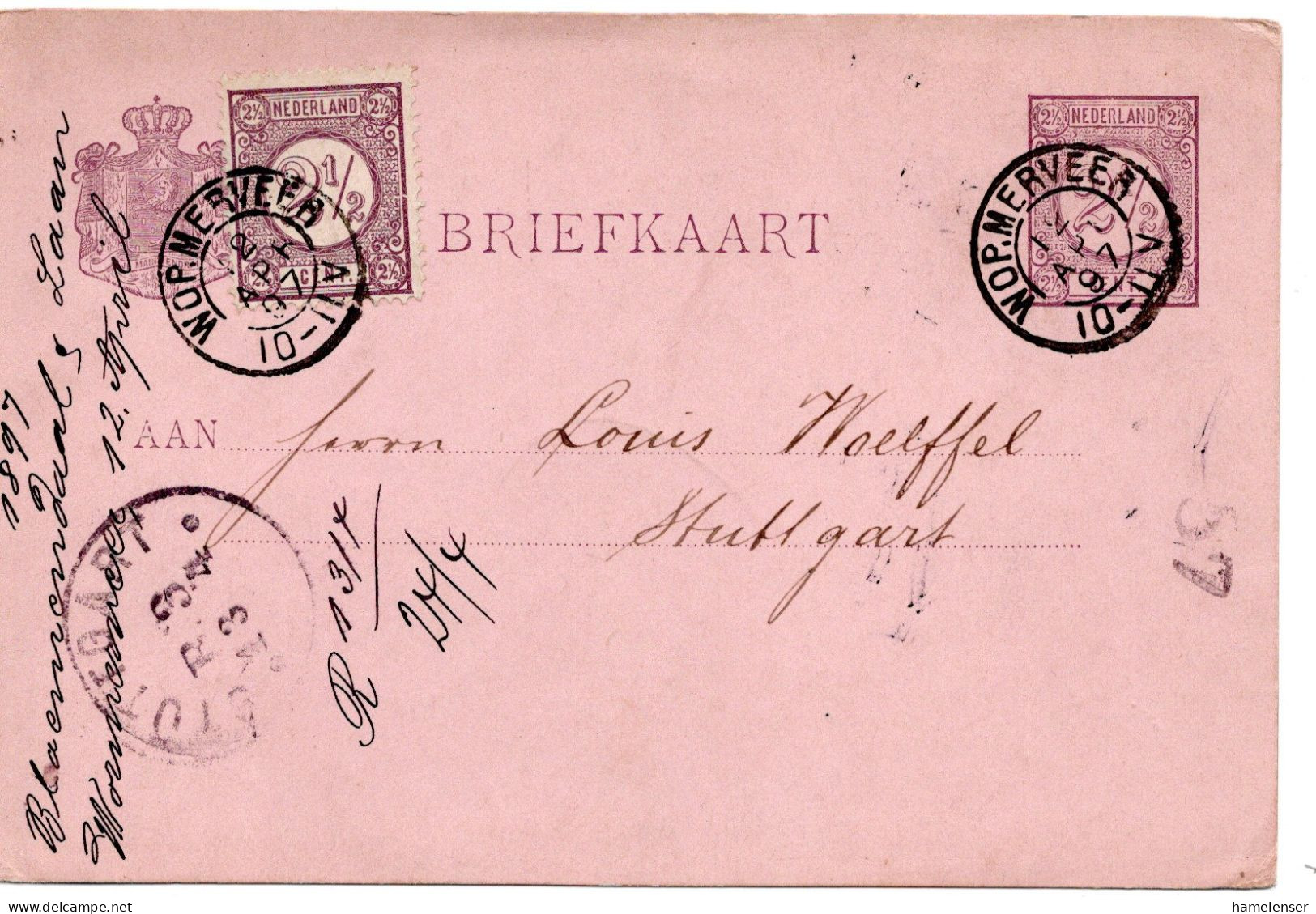 64612 - Niederlande - 1897 - 2.5c. Ziffer GAKte M ZusFrankatur WORMERVEER -> STUTTGART (Deutschland) - Covers & Documents