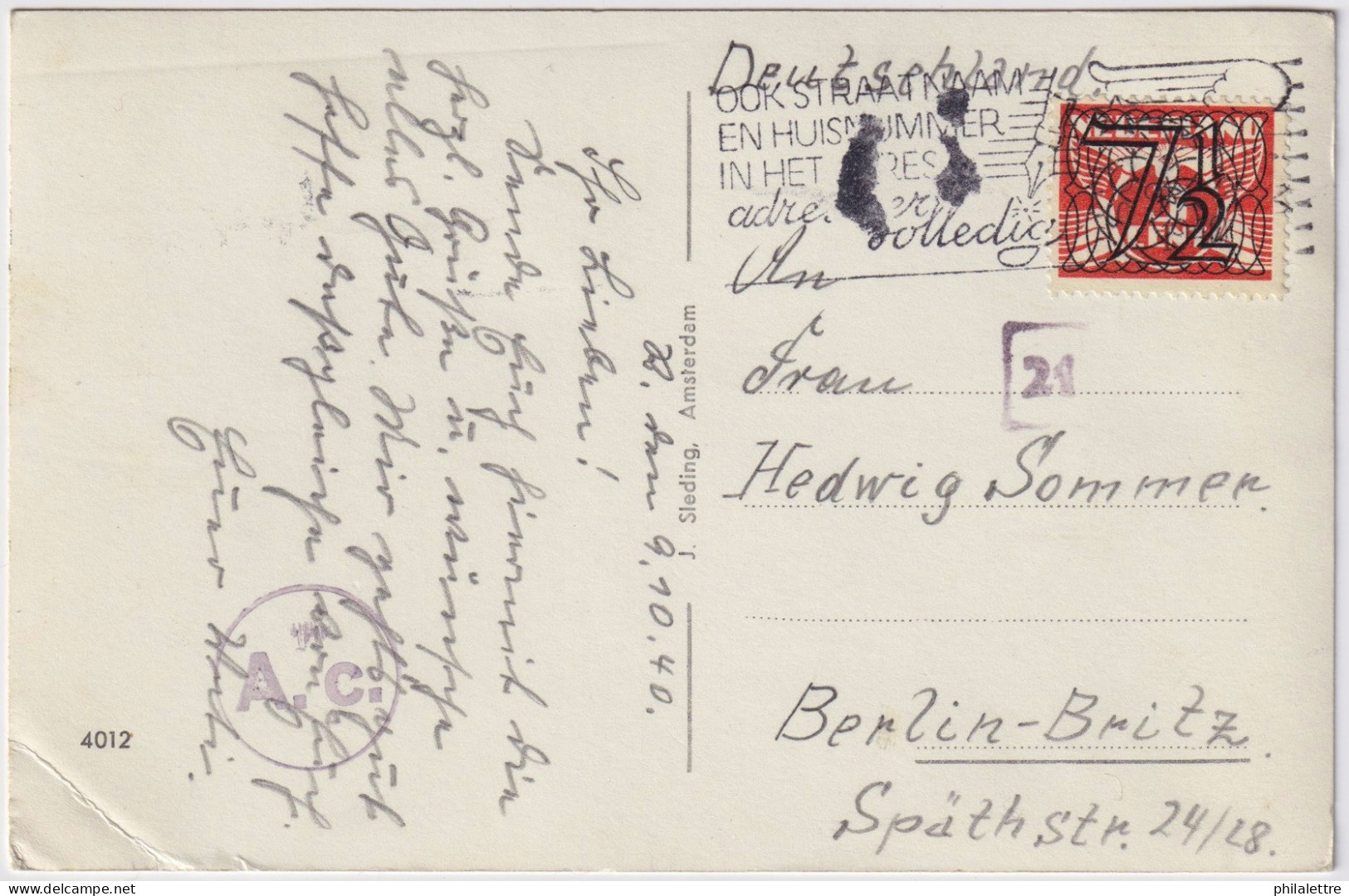 PAYS-BAS / THE NETHERLANDS - 1940 - Mi.359 7-1/2c/3c Red On PPC Of ROTTERDAM TO BERLIN - German Censor Marks - Very Fine - Lettres & Documents