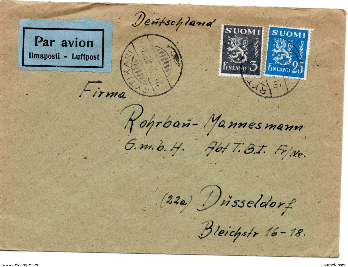 64615 - Finnland - 1953 - 25Mk Wappenloewe MiF A LpBf RYTIKARI -> Westdeutschland - Briefe U. Dokumente