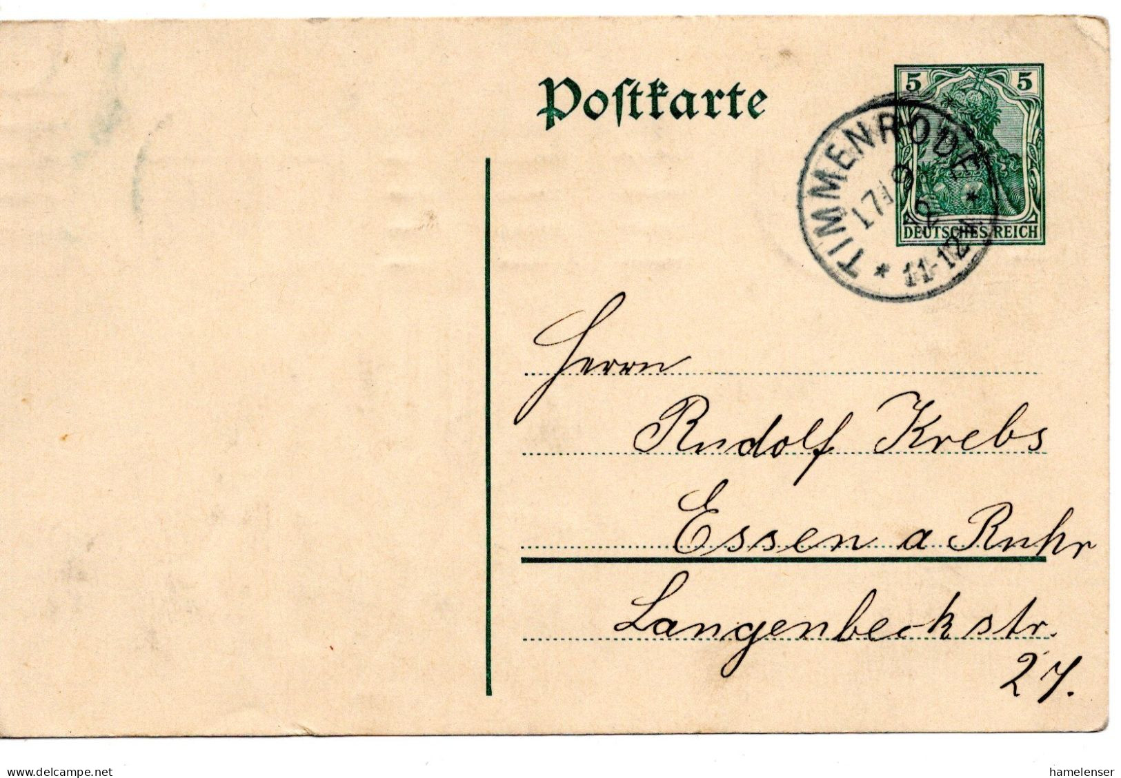 64620 - Deutsches Reich - 1912 - 5Pfg Germania GAKte TIMMENRODE -> Essen - Storia Postale