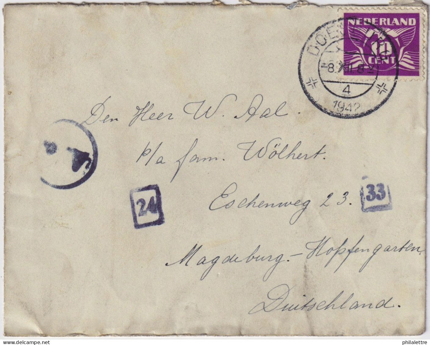 PAYS-BAS / THE NETHERLANDS - 1942 Mi.382 10c Violet On German Censored Cover From DOESBURG To MAGDEBURG, Germany - Covers & Documents