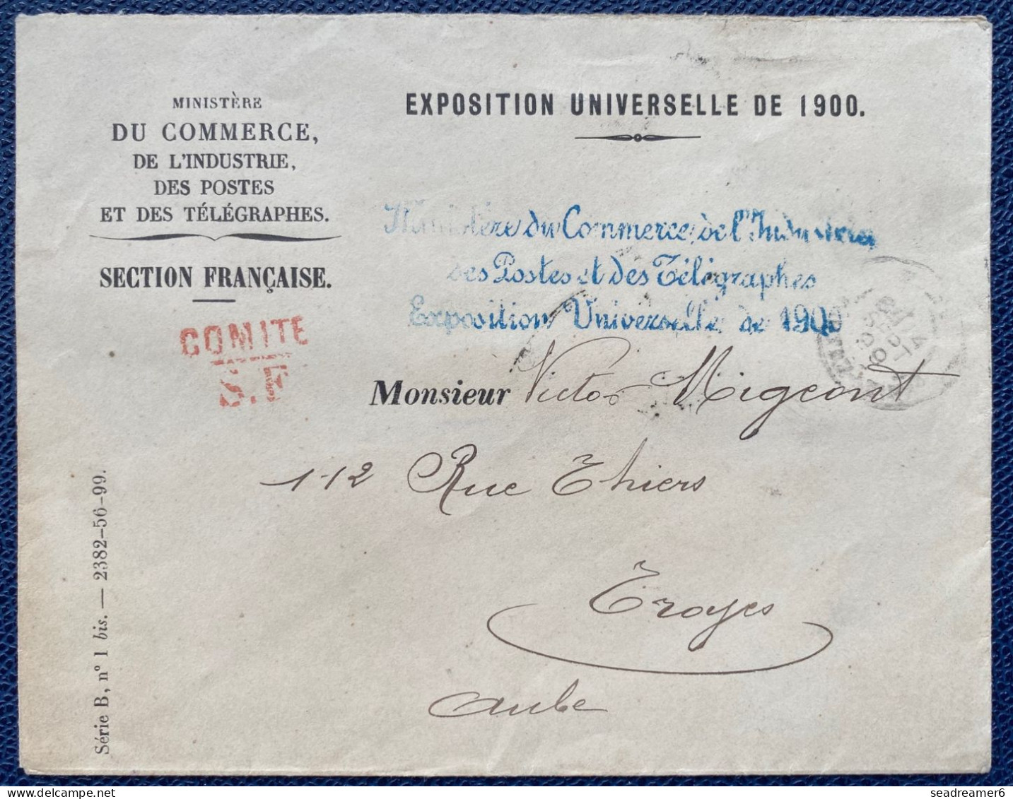 Lettre 1899 Griffe " Ministère Du Commerce Et De L'Industrie Pour L' Exposition Universelle De 1900" + Franchise Vérifié - Tijdelijke Stempels