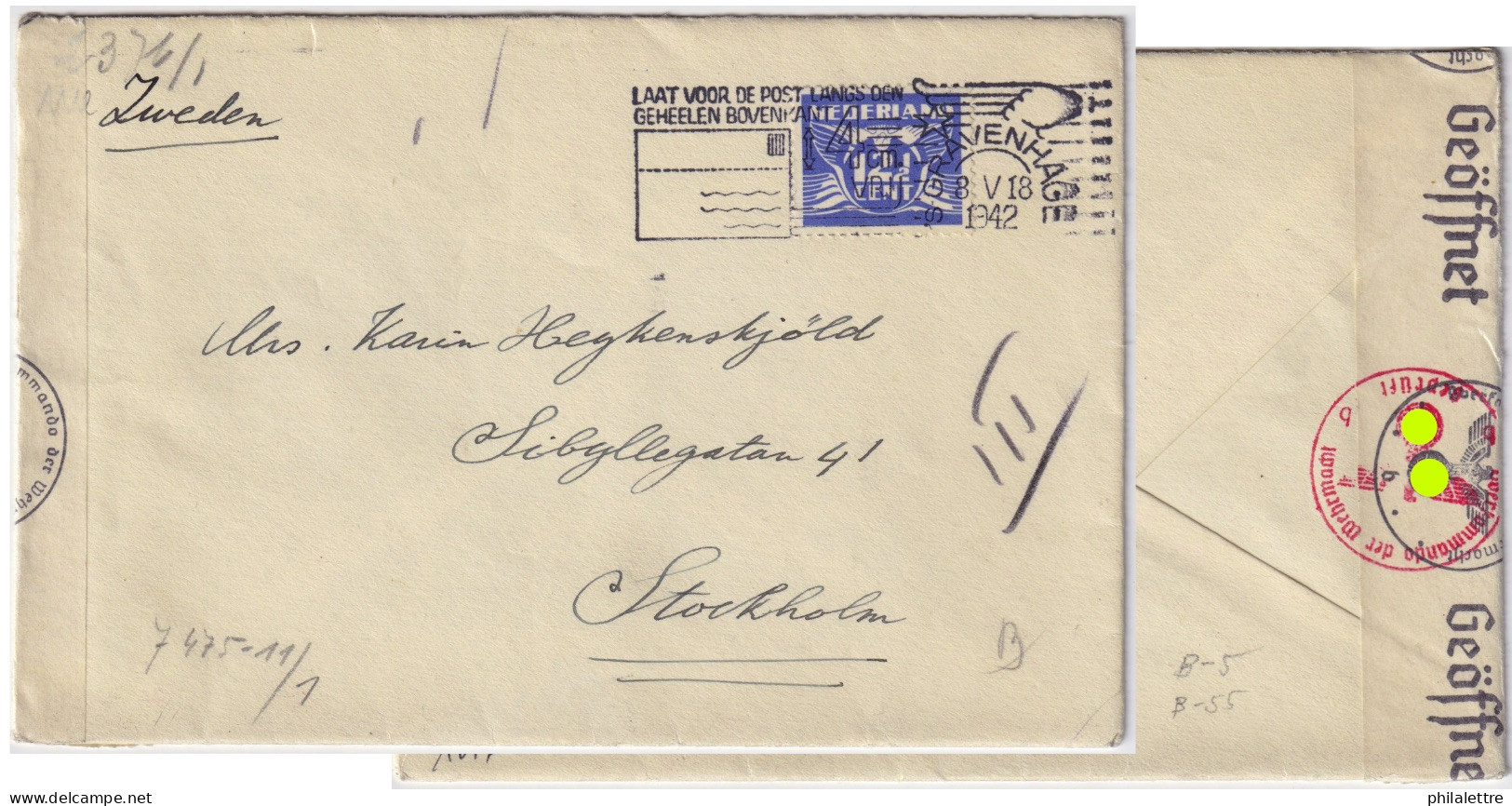 PAYS-BAS / THE NETHERLANDS - 1942 Mi.383 12-1/2c Blue On German Censored Cover From 'S-GRAVENHAGE To STOCKHOLM, Sweden - Cartas & Documentos