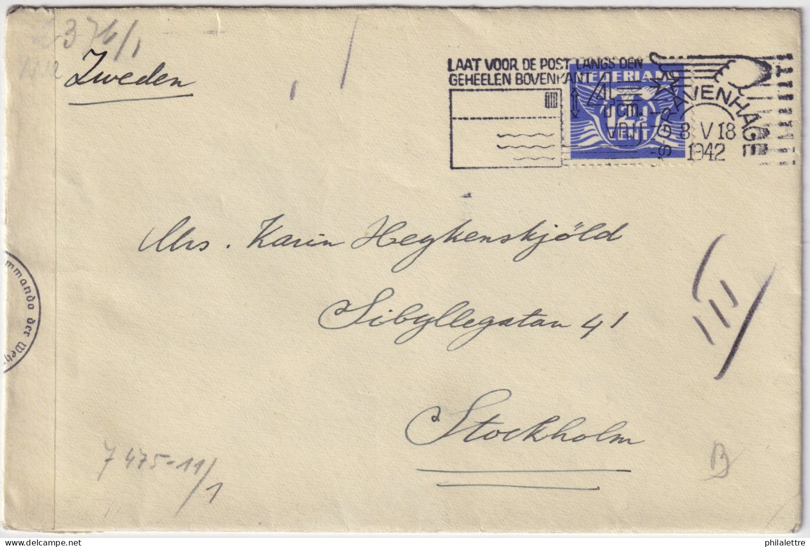 PAYS-BAS / THE NETHERLANDS - 1942 Mi.383 12-1/2c Blue On German Censored Cover From 'S-GRAVENHAGE To STOCKHOLM, Sweden - Storia Postale