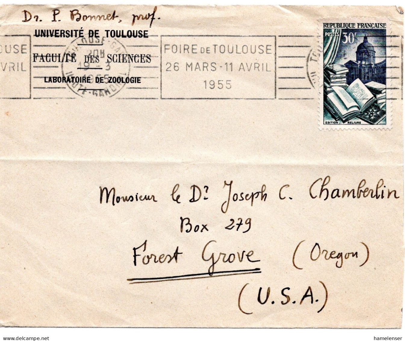 64622 - Frankreich - 1955 - 30F Reliure EF A Bf TOULOUSE - FOIRE DE TOULOUSE ... -> Forest Grove, OR (USA), Waag Bug - Cartas & Documentos