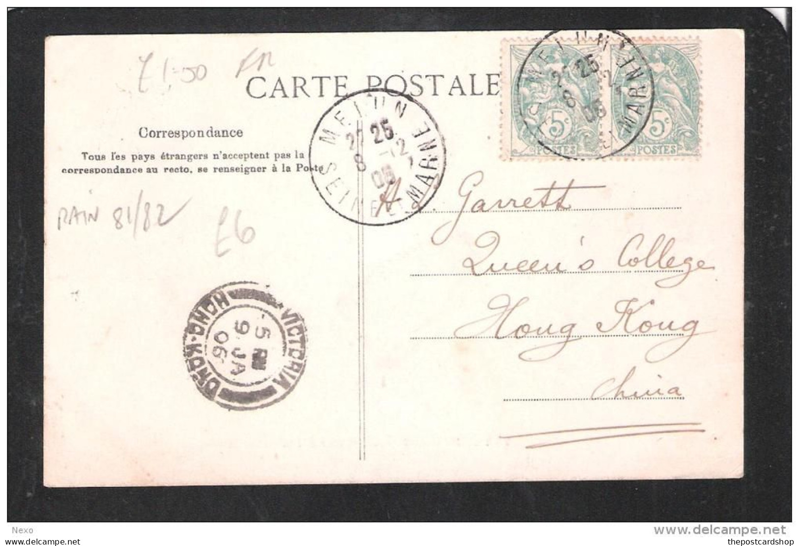 France Postcard Sent To Hong Kong Hongkong RECEIVING POSTMARK VICTORIA HONG-KONG 9 JA 1906 POSTED 8TH DEC FRANCE - Lettres & Documents