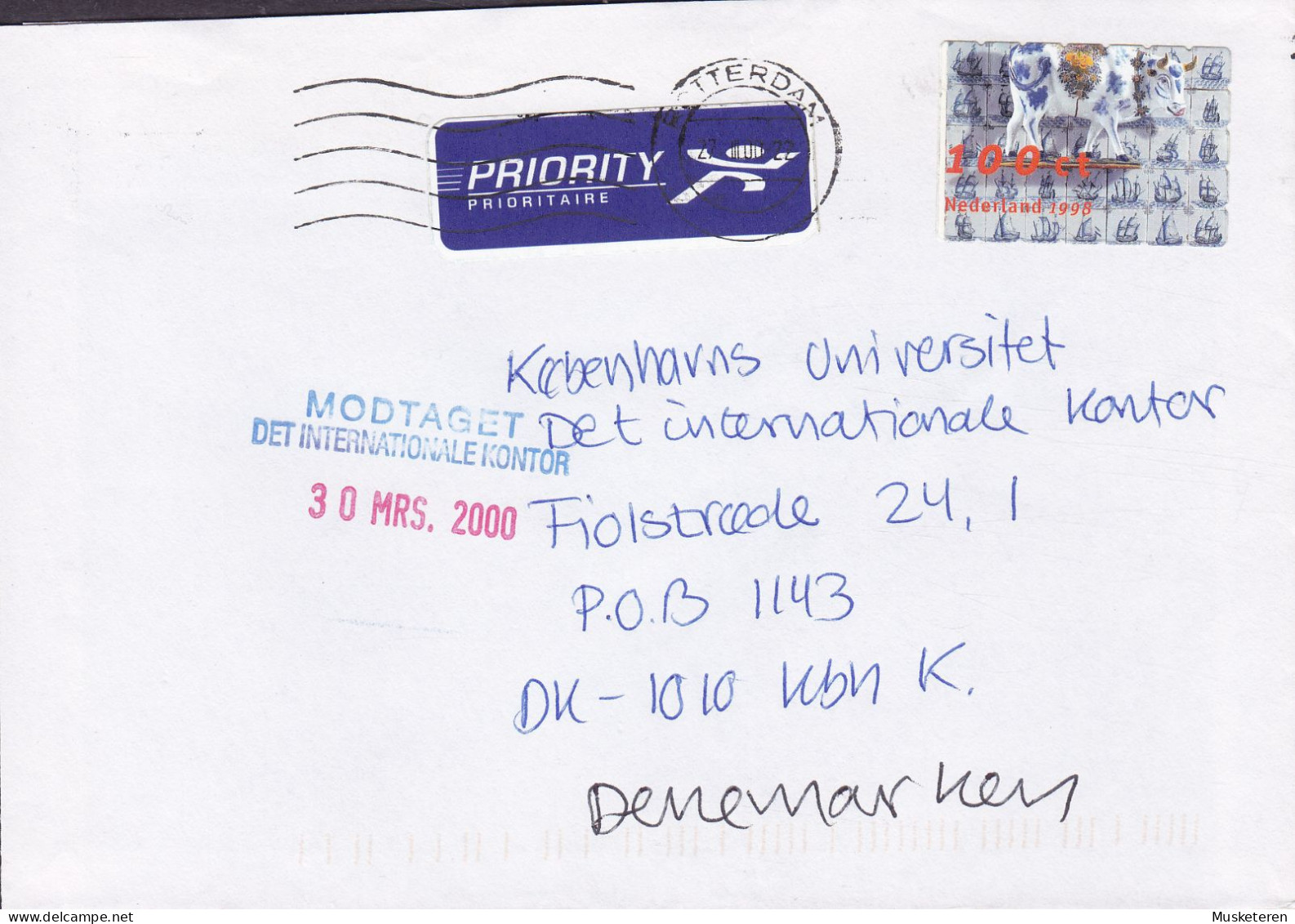 Netherlands PRIORITY Prioritaire Label ROTTERDAM 2000 Cover Brief Denmark Cow Kuh - Briefe U. Dokumente