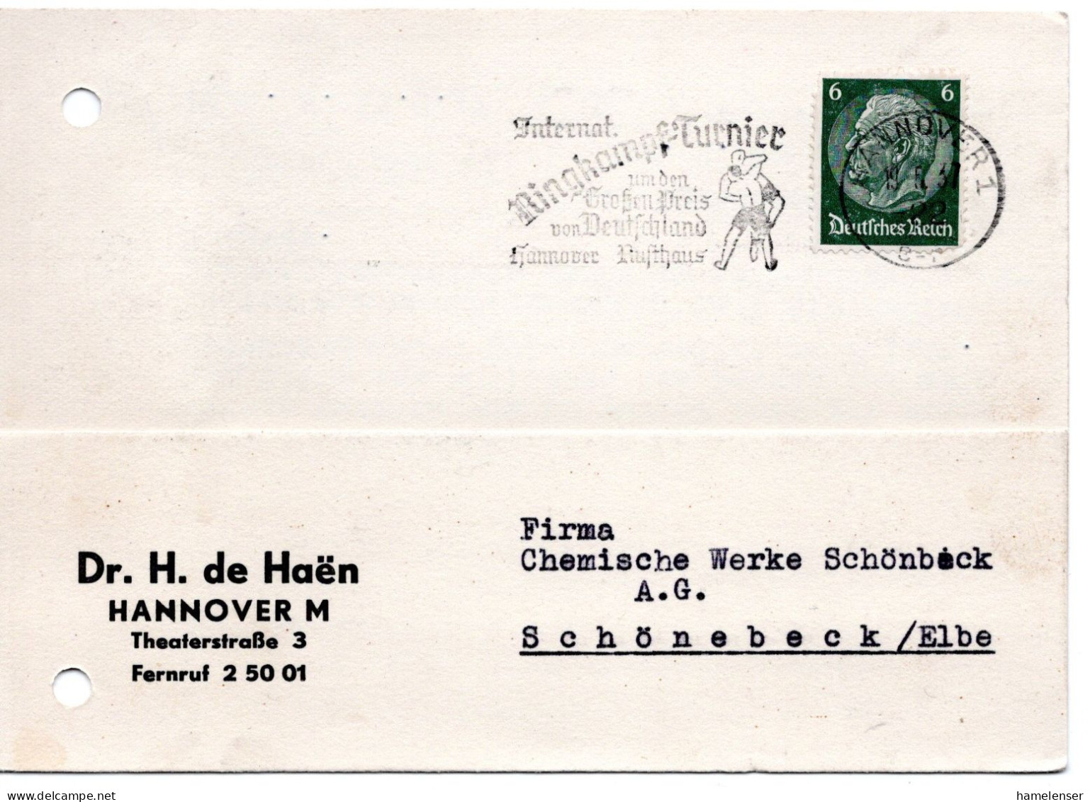 64643 - Deutsches Reich - 1937 - 6Pfg Hindenburg EF A Kte HANNOVER - ... RINGKAMPF-TURNIER ... -> Schoenebeck, Lochung R - Lotta