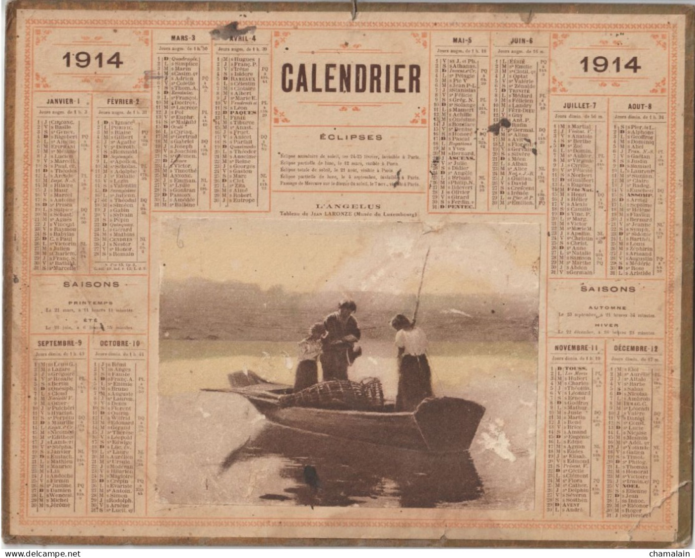 CALENDRIER  Année 1914 (bords Dorés). " L'Angélus " . Meurthe Et Moselle. - Grand Format : 1901-20