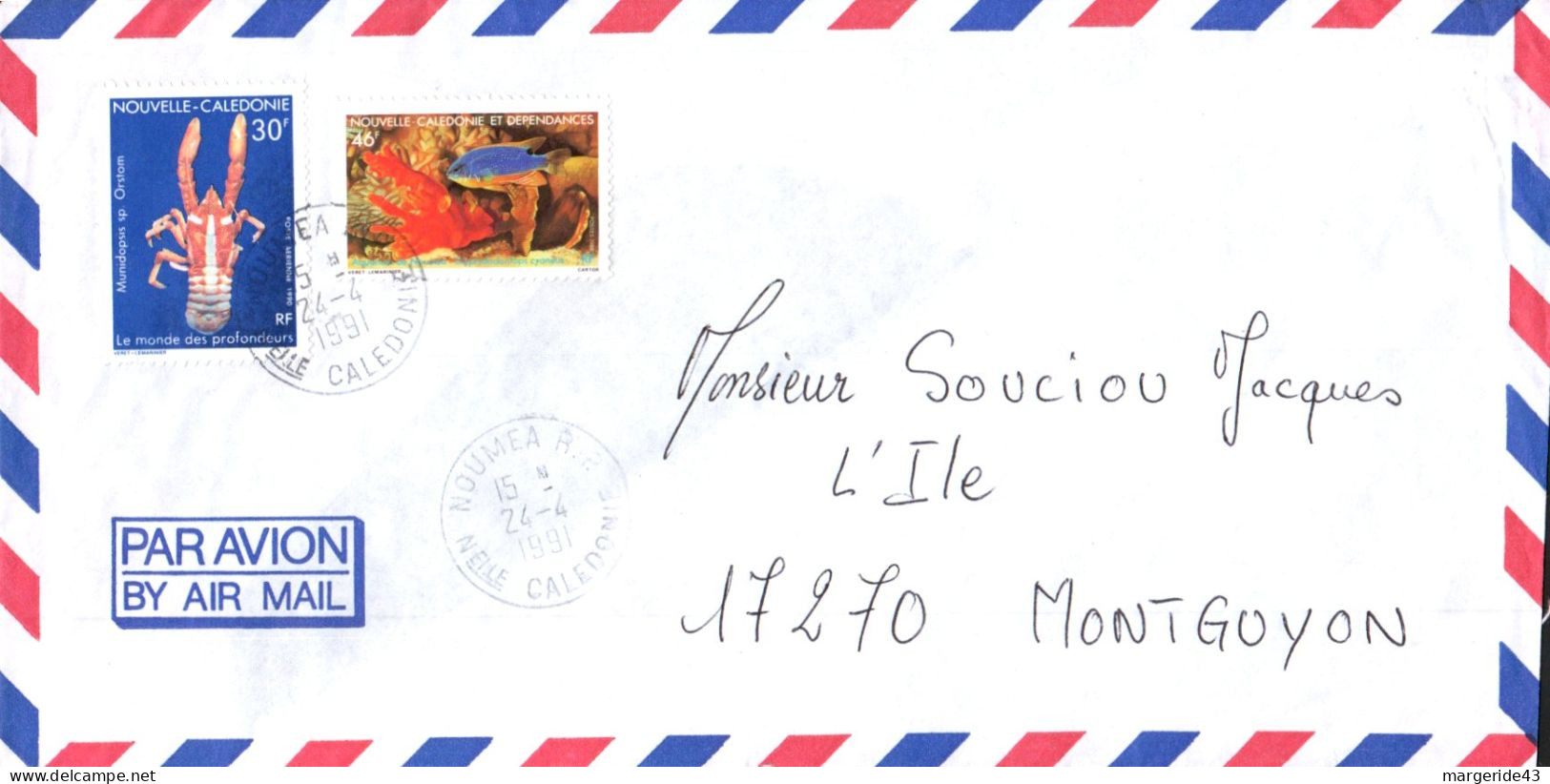 NOUVELLE CALEDONIE AFFRANCHISSEMENT COMPOSE SUR LETTRE POUR LA FRANCE 1991 - Covers & Documents