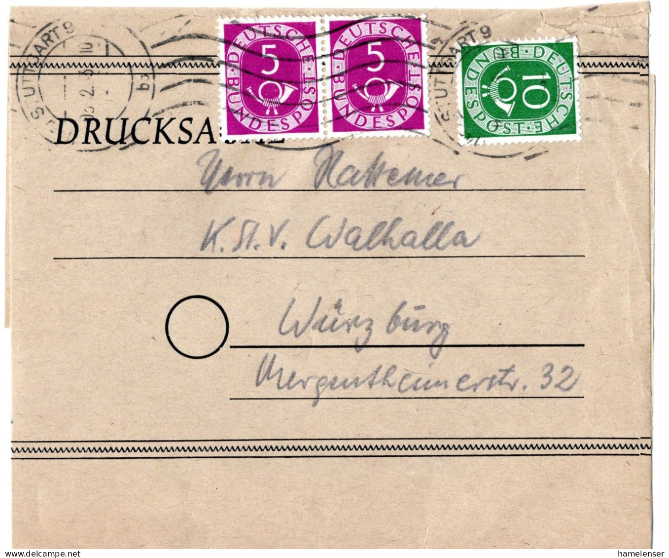 64644 - Bund - 1953 - 5Pfg Posthorn Waag Paar MiF A Streifband STUTTGART -> Wuerzburg - Storia Postale