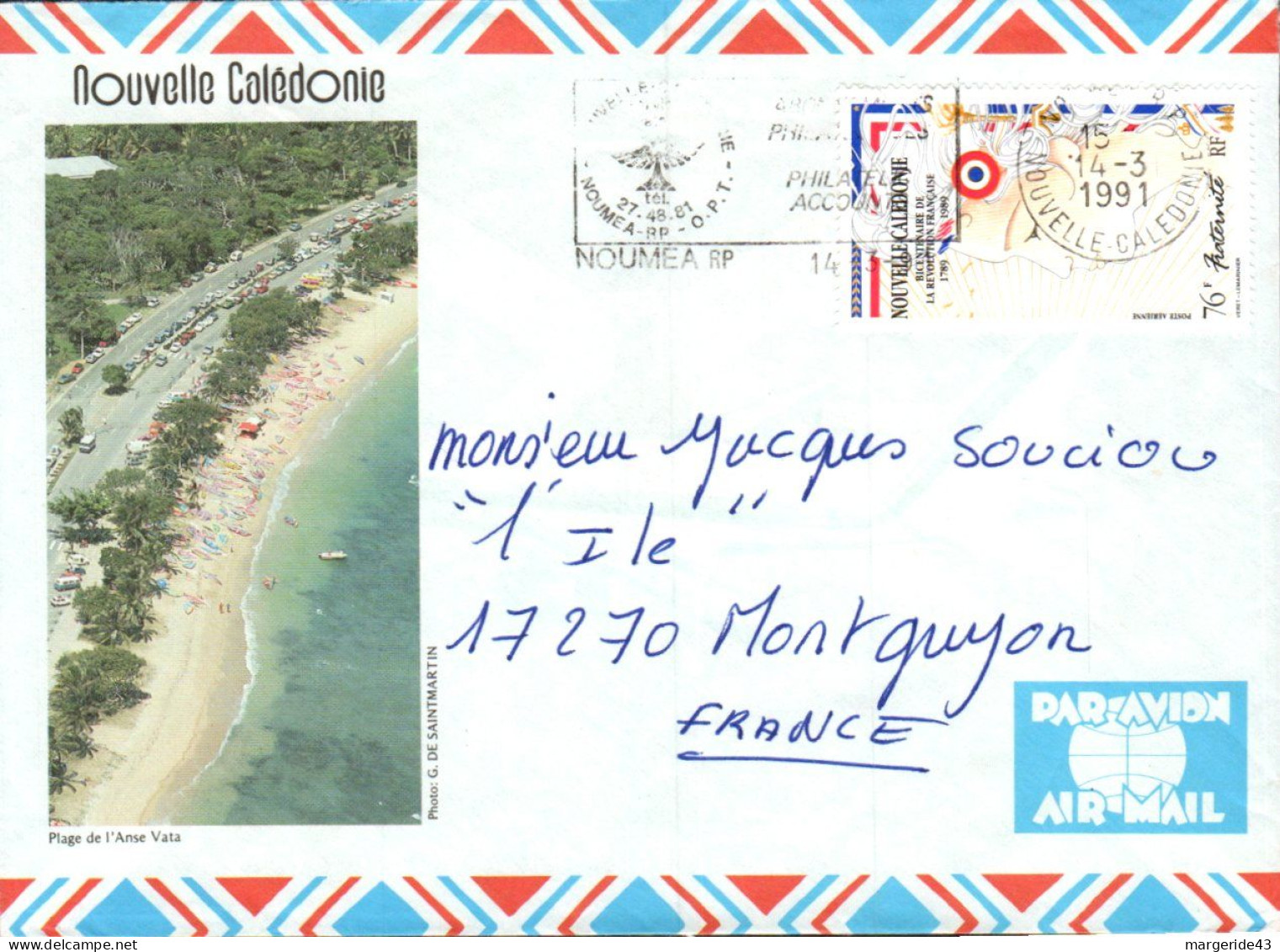 NOUVELLE CALEDONIE SEUL SUR LETTRE AVION POUR LA FRANCE 1991 - Storia Postale