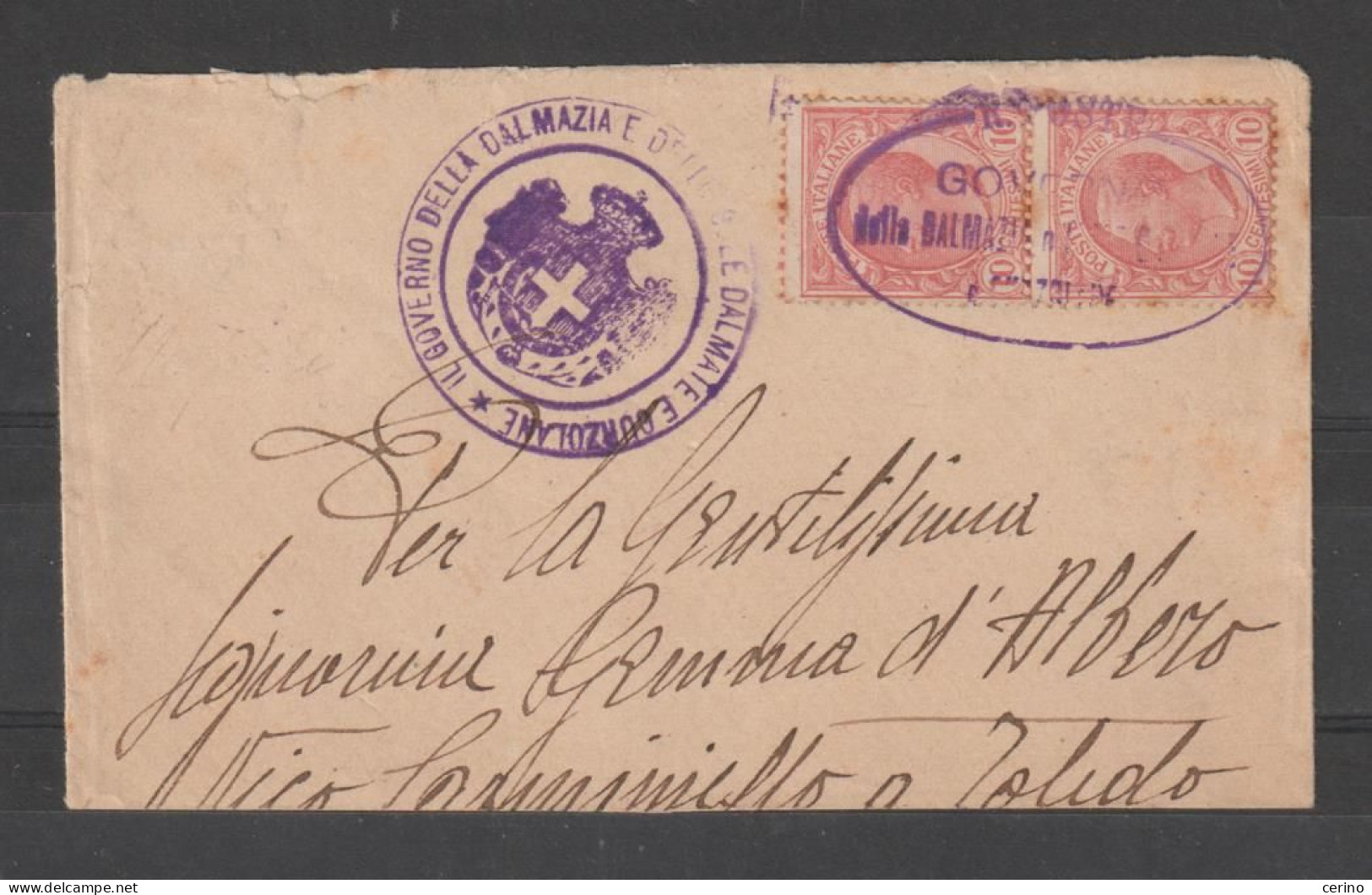 REGNO: 1919  BUSTINA  ACCORCIATA 10 C. COPPIA - ANN. "RR POSTE - GOVERNO DELLA DALMAZIA E IS. DALMATE E CURZOLANE" RRR - Dalmatië