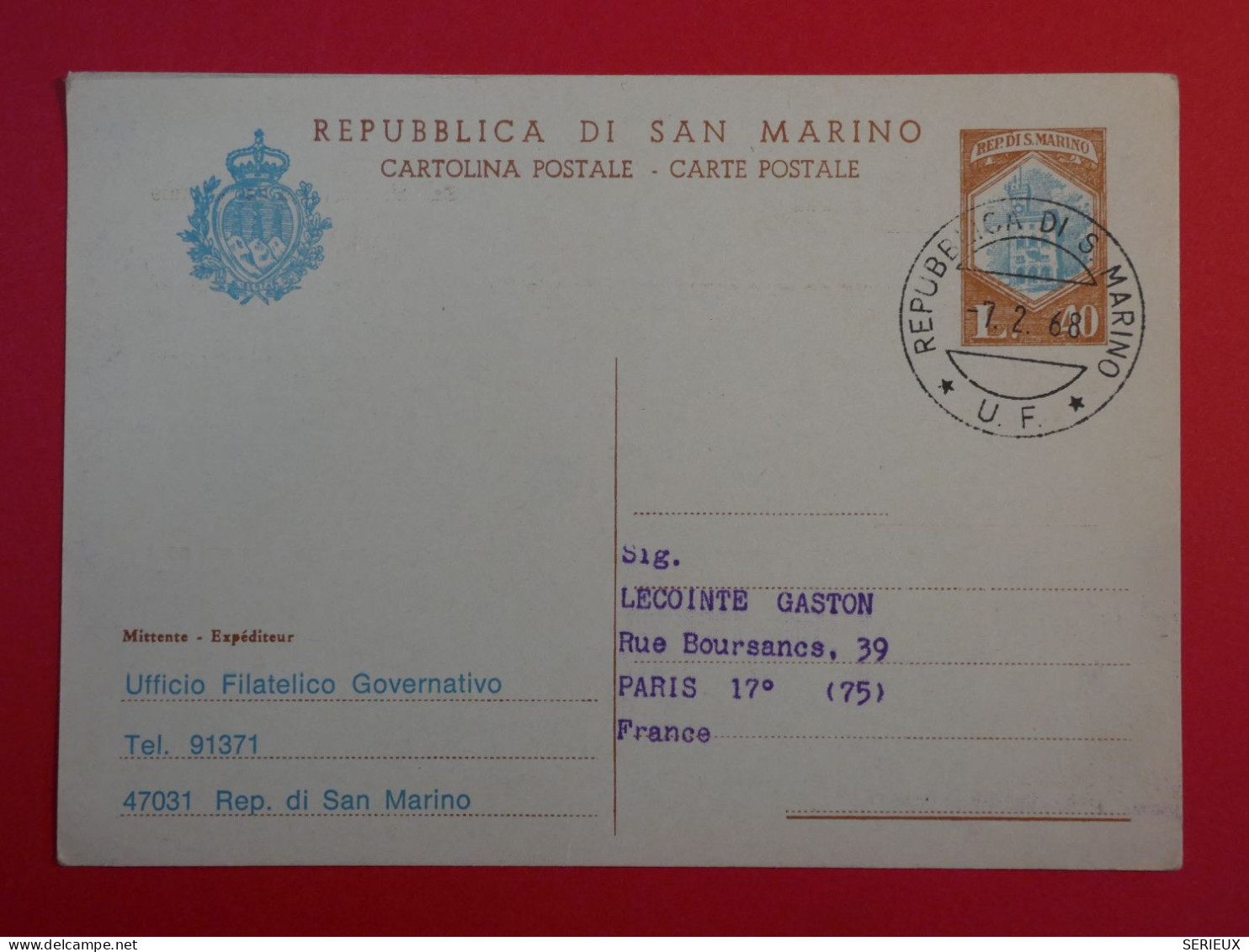 AS 19 SAN MARINO ITALIA BELLE CARTE ENTIER  RRR 1968   A PARIS FRANCE +++AFFRAN. PLAISANT+++ - Entiers Postaux