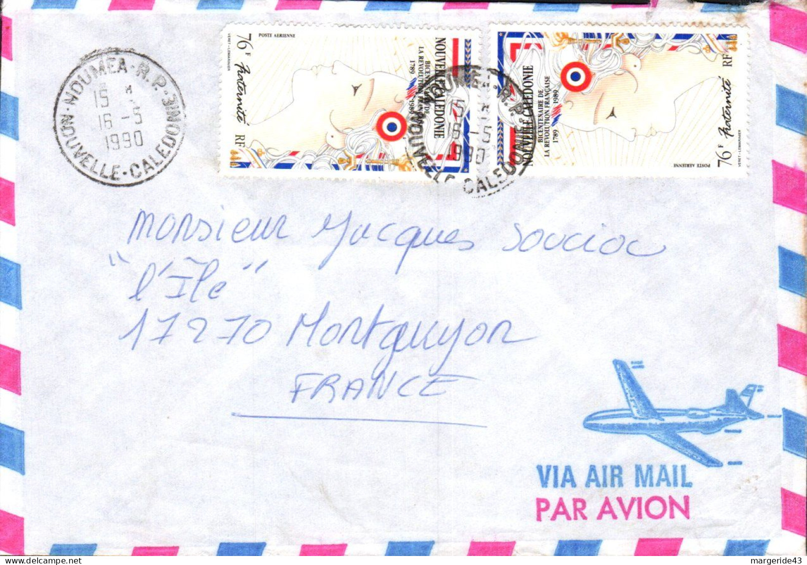 NOUVELLE CALEDONIE AFFRANCHISSEMENT COMPOSE SUR LETTRE POUR LA FRANCE 1990 - Storia Postale