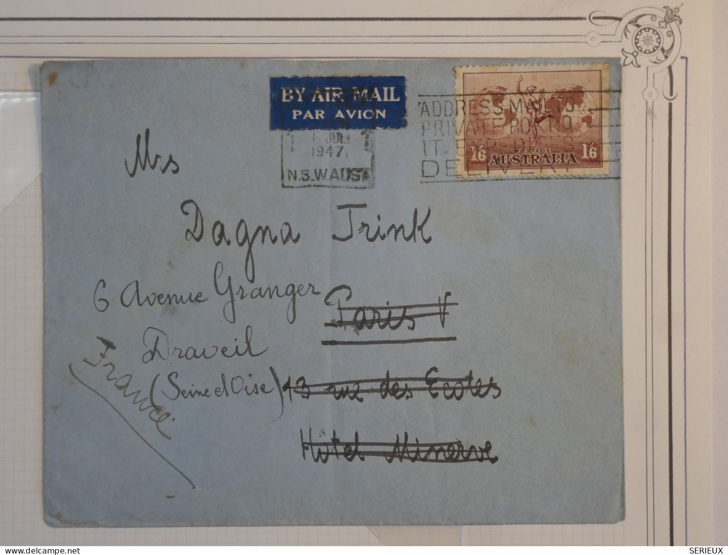 AS 19 AUSTRALIA  BELLE LETTRE RR  1947 SYDNEY A PARIS HOTEL REDISTR. A DRAVEIL FRANCE++ +AFFRAN. PLAISANT+++ - Cartas & Documentos