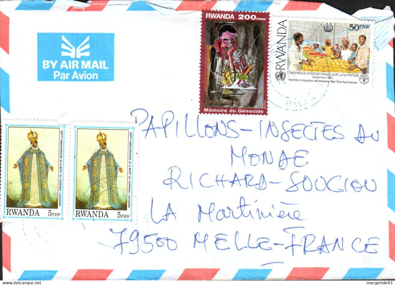 RWANDA AFFRANCHISSEMENT COMPOSE SUR  LETTRE POUR LA FRANCE 1992 - Lettres & Documents