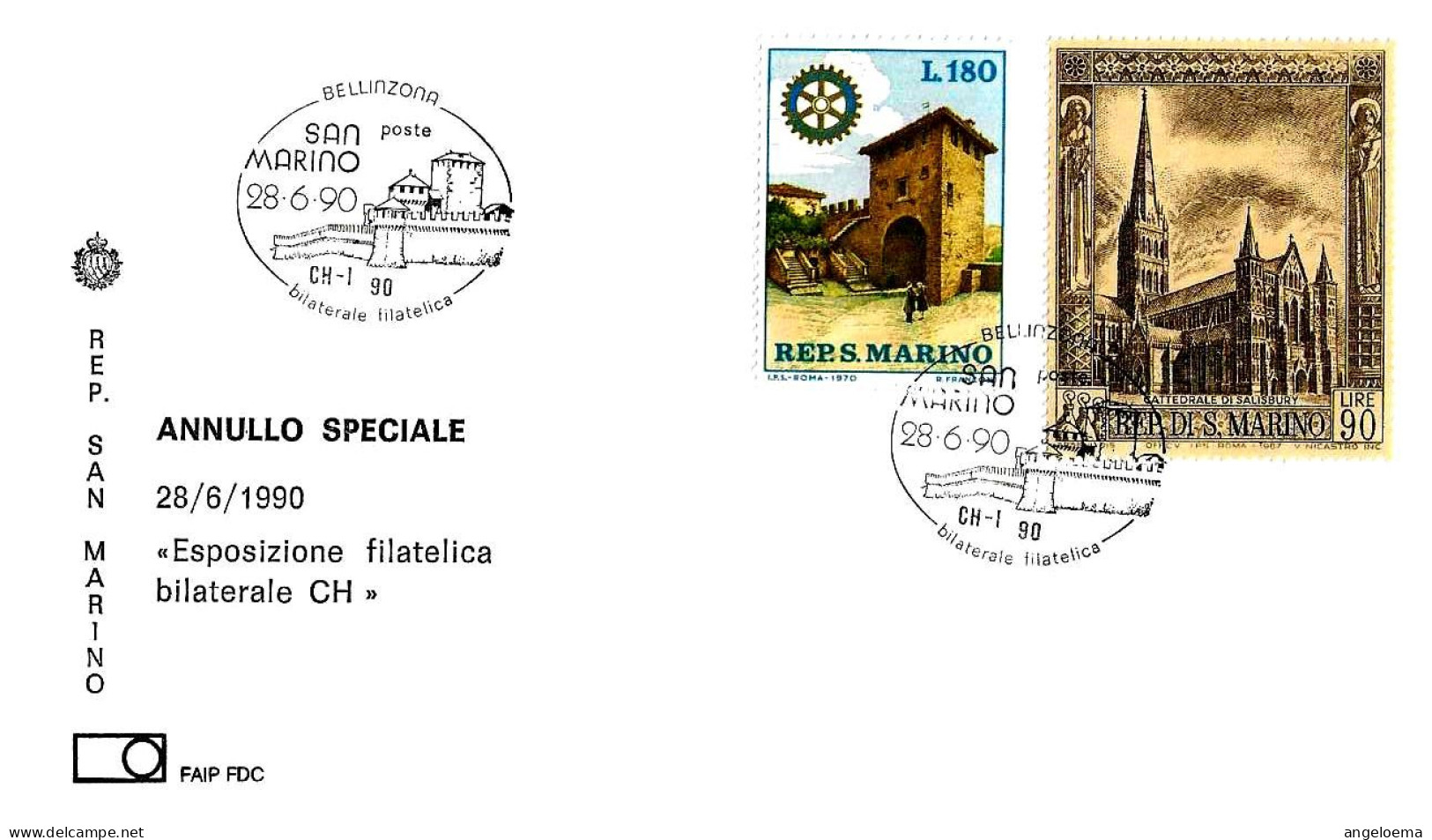 SAN MARINO - 1990 Bilaterale Filatelica Svizzera-Italia (castello Montebello Detto Di Svitto) Su Busta Faip - 10500 - Châteaux