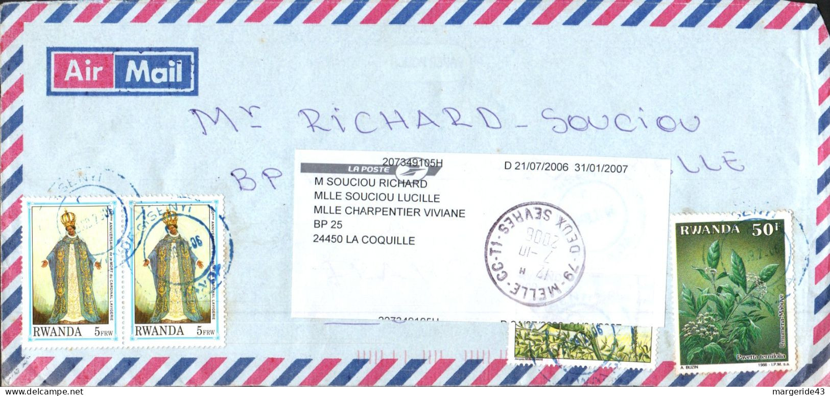 RWANDA AFFRANCHISSEMENT COMPOSE SUR LETTRE POUR LA FRANCE 2006 - Storia Postale