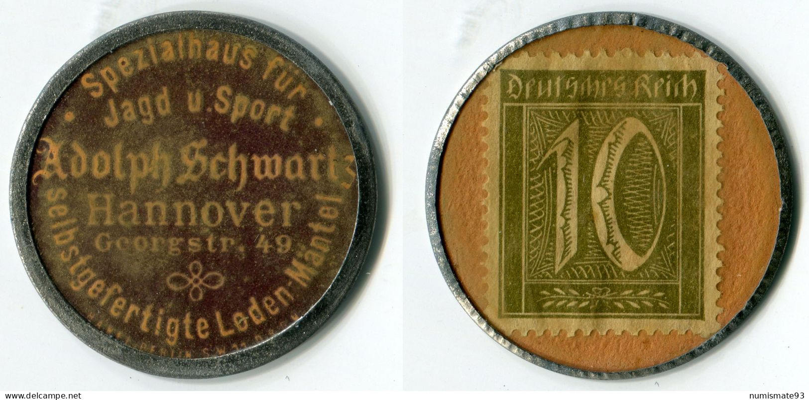 N93-0736 Timbre-monnaie Adolph Schwartz - 10 Pfennig - Kapselgeld - Encased Stamp - Notgeld