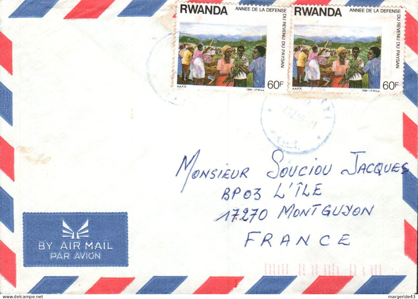 RWANDA AFFRANCHISSEMENT COMPOSE SUR  LETTRE POUR LA FRANCE 1989 - Lettres & Documents