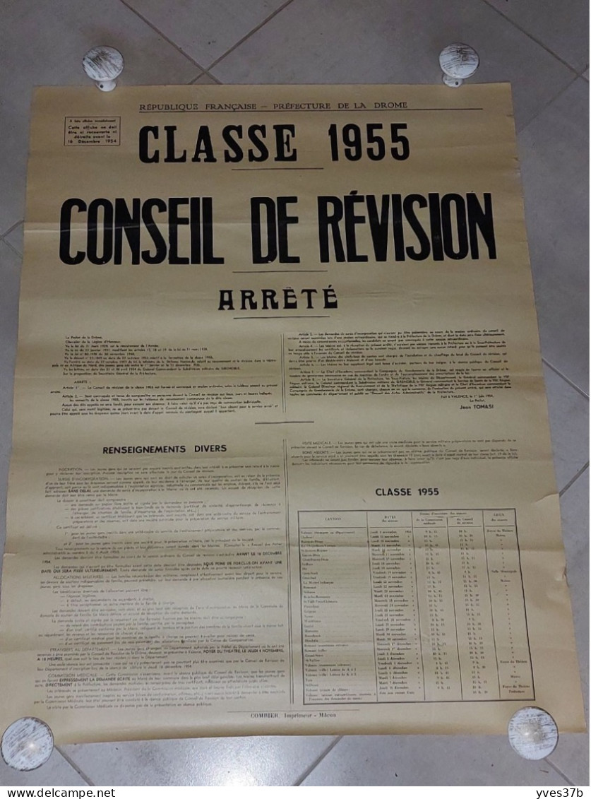 AFFICHE "Conseil De Révision" - Classe 1955/Drôme - 60x78 - 1 Juin 1954 - TTB - Posters