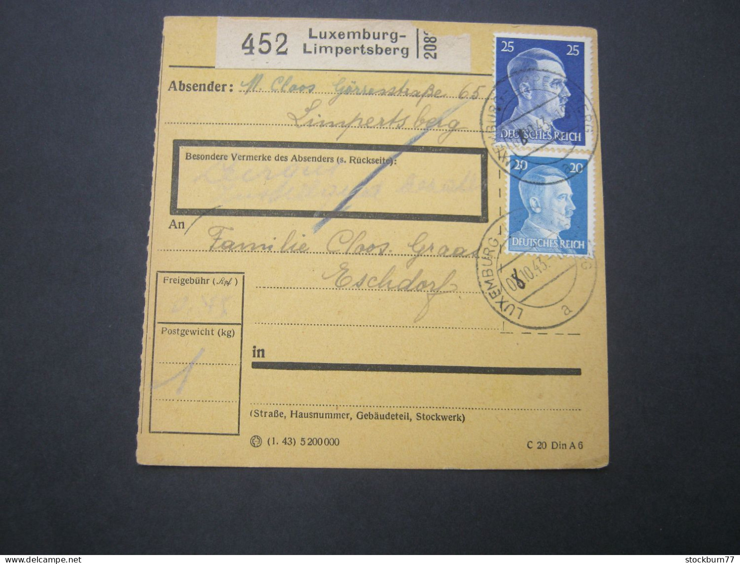 LUXEMBURG , Paketkarte Aus Limpertsberg  1943 - 1940-1944 Deutsche Besatzung