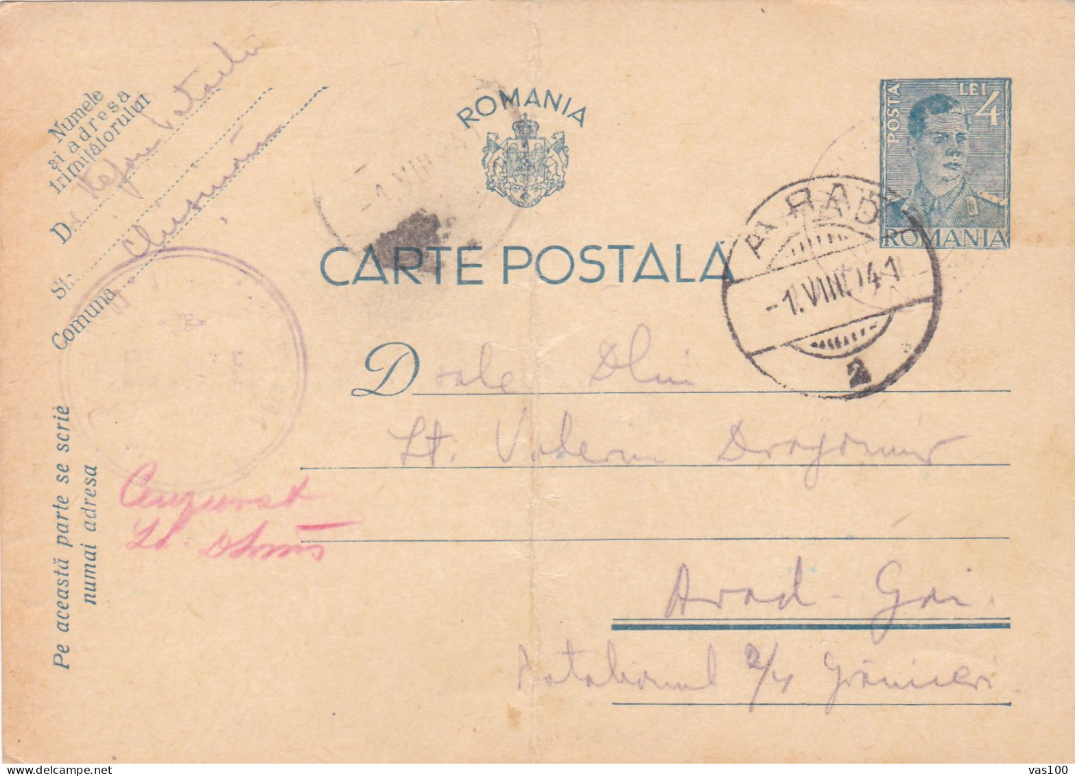 Romania, 1941, WWII Military Censored CENSOR ,POSTCARD STATIONERY, POSTMARK  ARAD - 2de Wereldoorlog (Brieven)