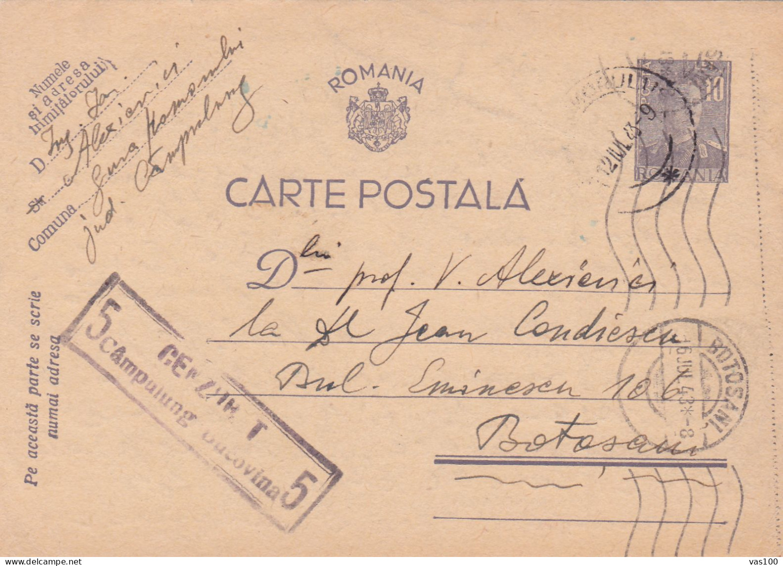 Romania, 1940, WWII Military Censored CENSOR ,POSTCARD STATIONERY, POSTMARK  CAMPULUNG BUCOVINA - 2de Wereldoorlog (Brieven)