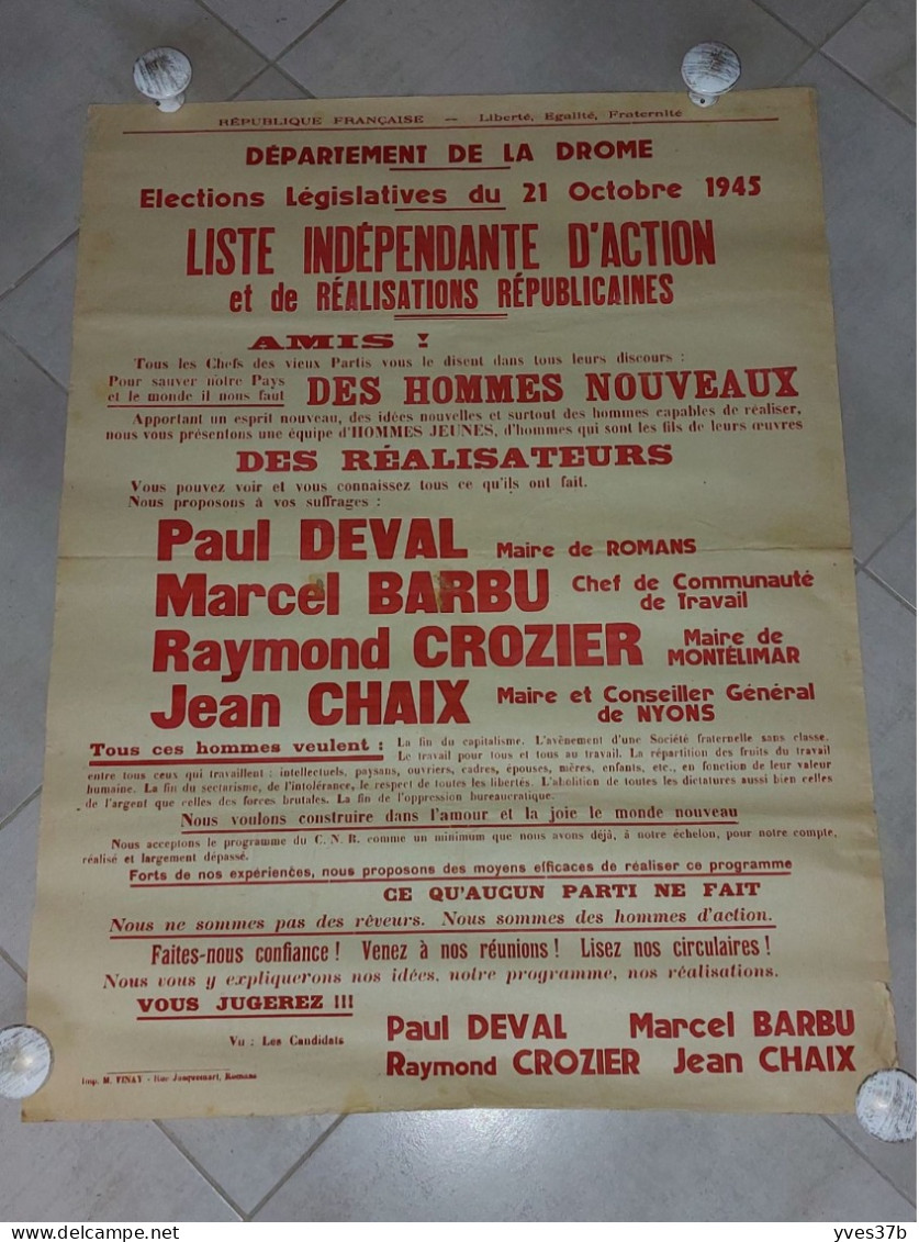 AFFICHE "Elections Législatives 21/10/1945" Drôme - 63x83 - TTB - Manifesti