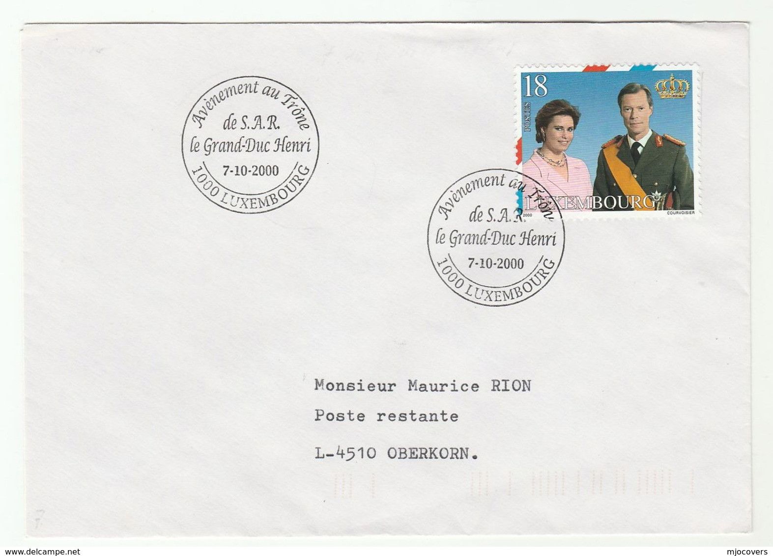 2000 LUXEMBOURG ACCESSION EVENT COVER Royalty Stamps - Covers & Documents