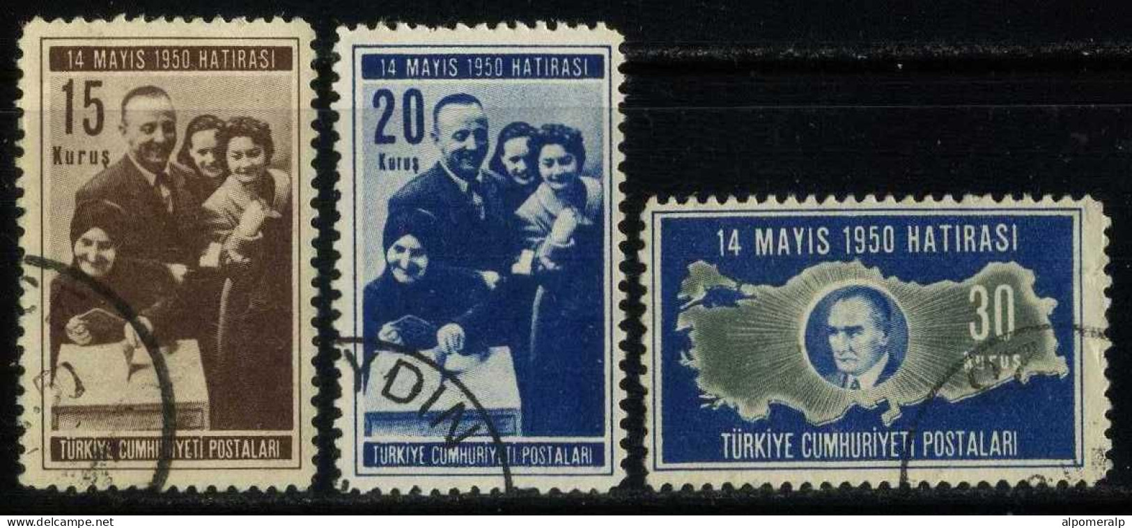 Türkiye 1950 Mi 1251-1253  Election Of May 14, 1950 | Aged Woman Casting Ballot | Atatürk And Türkiye Map - Used Stamps