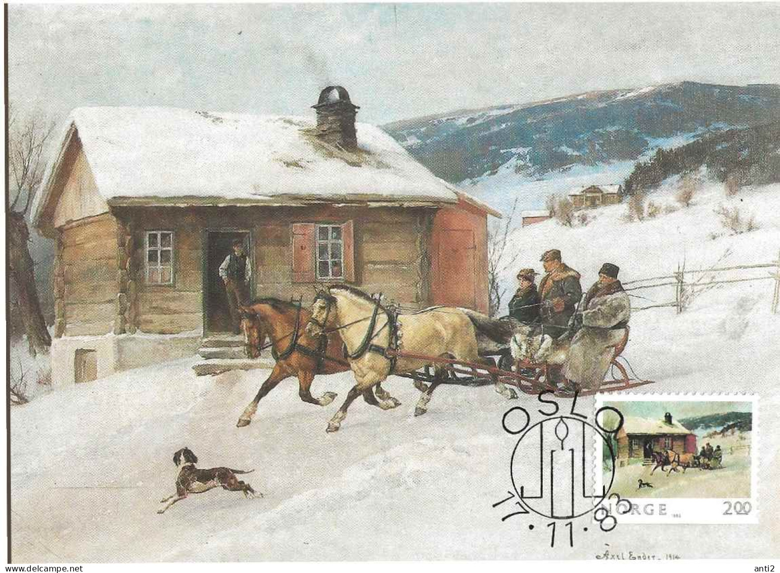 Norge Norway 1983 Christmas, , Mi 894The Sleigh Ride; Painting By Axel Ender, Maximum Card, First Day Cancellation - Lettres & Documents