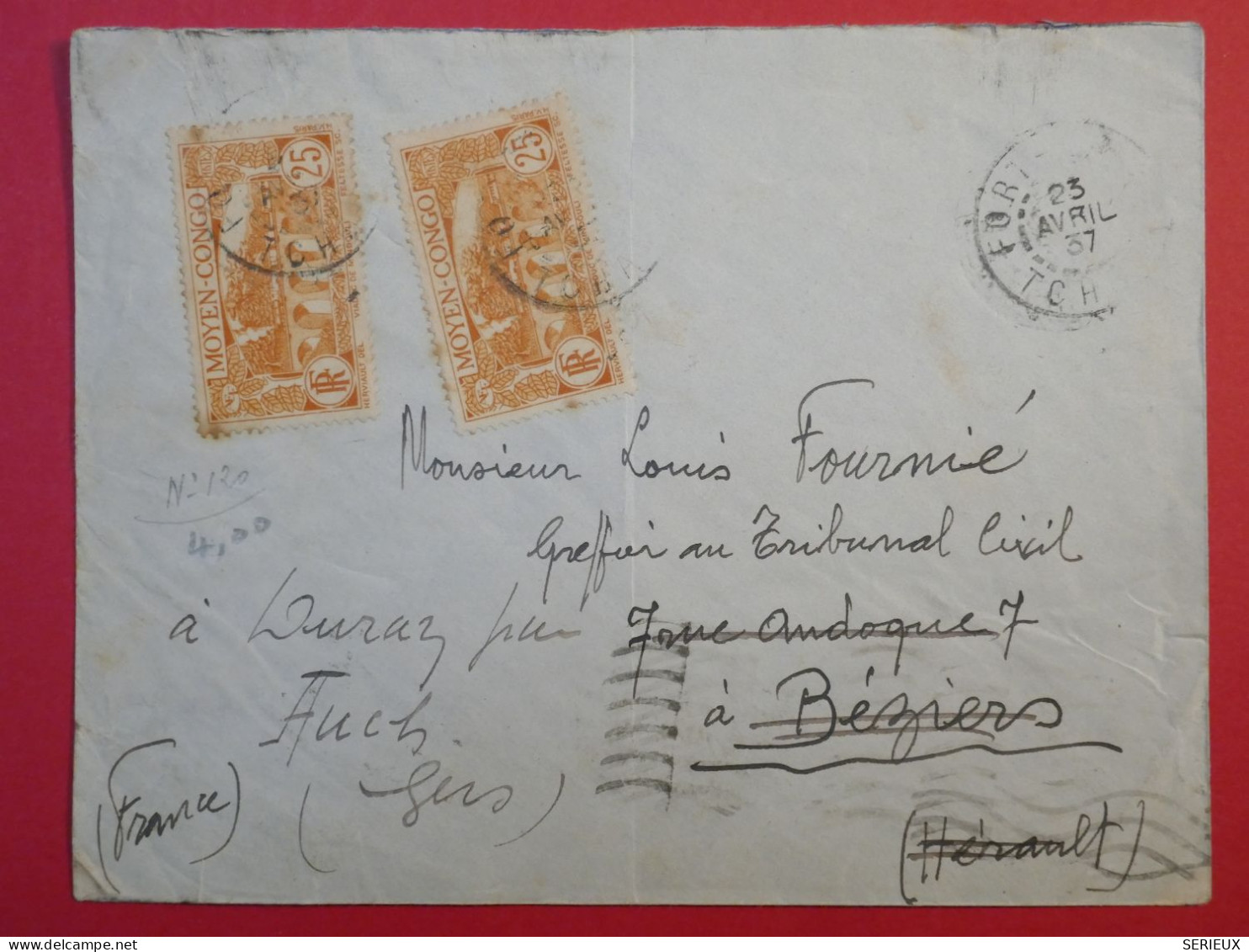 AR 24 MOYEN CONGO   BELLE LETTRE   1937 FORT LAMY A BEZIERS FRANCE REDISTRIB. AUCH  +AFFRAN. INTERESSANT+++ - Briefe U. Dokumente