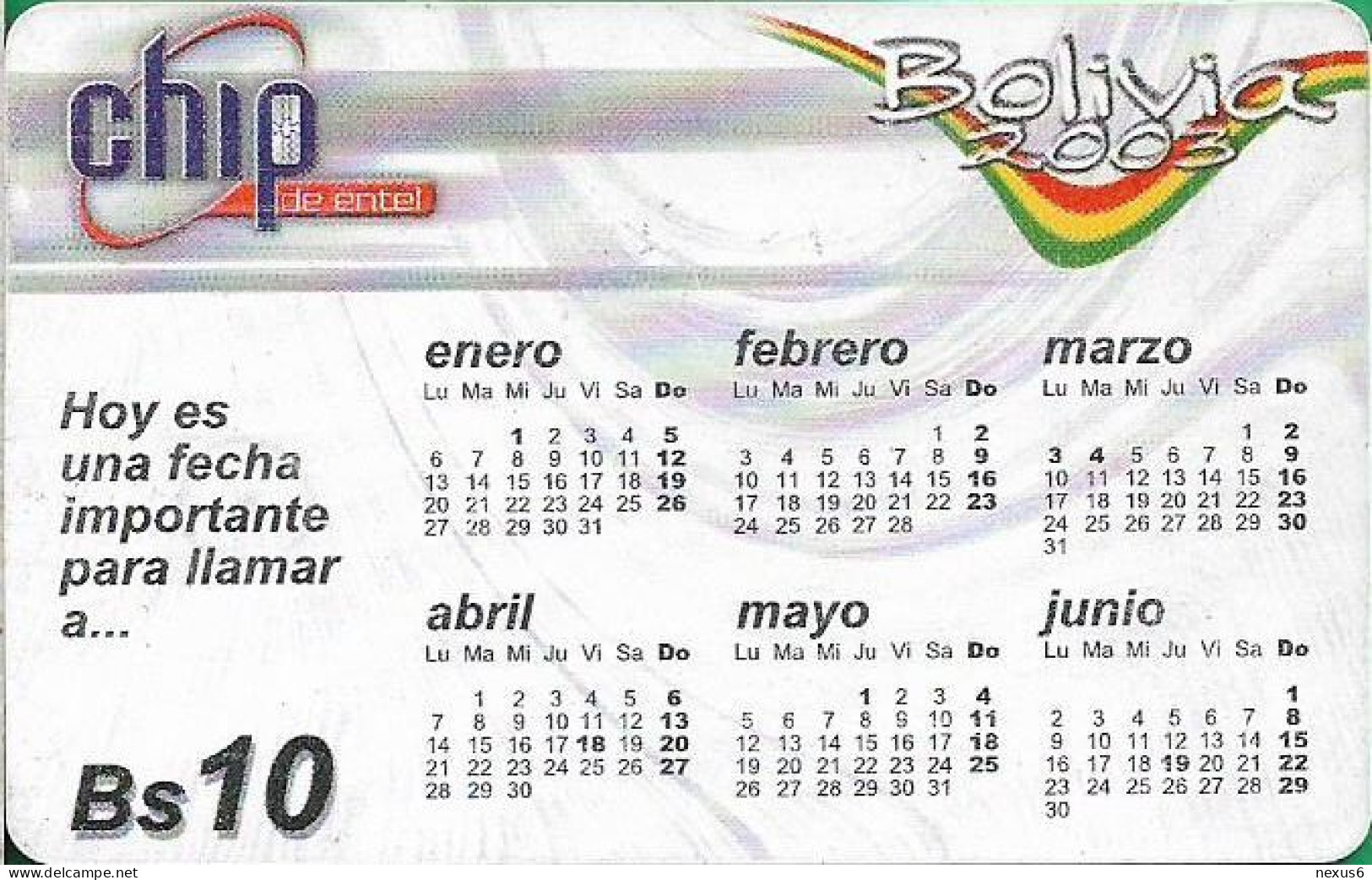 Bolivia - Entel (Chip) - Calendario 2003 - Blanco Y Multicolor, Gem5 Red, 2003, 10Bs, Used - Bolivië