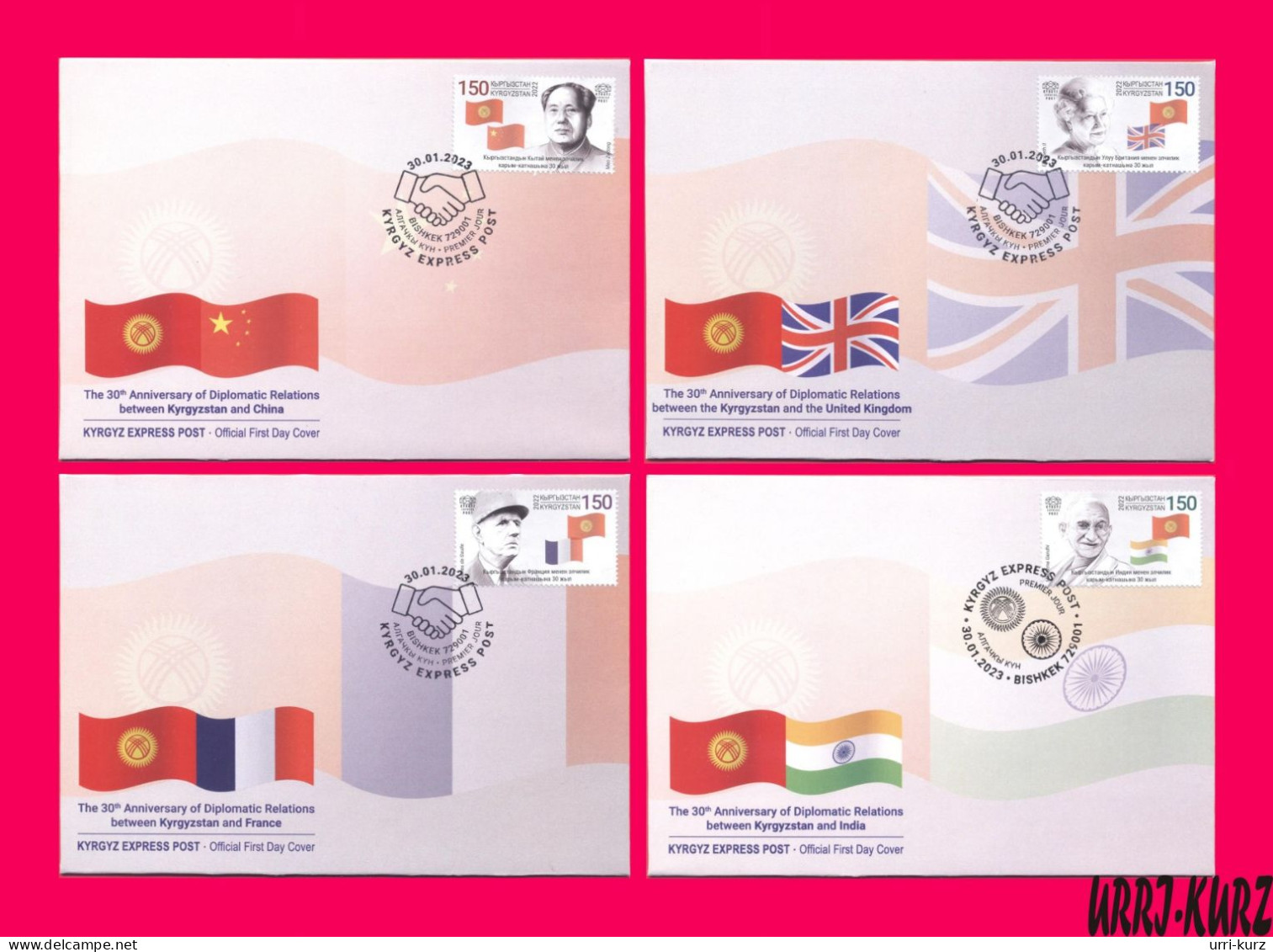 KYRGYZSTAN 2022-2023 Famous People Mao Zedong,Queen Elizabeth-II,Charles De Gaulle,Mahatma Gandhi Mi KEP 196-199 4 FDC - Enveloppes