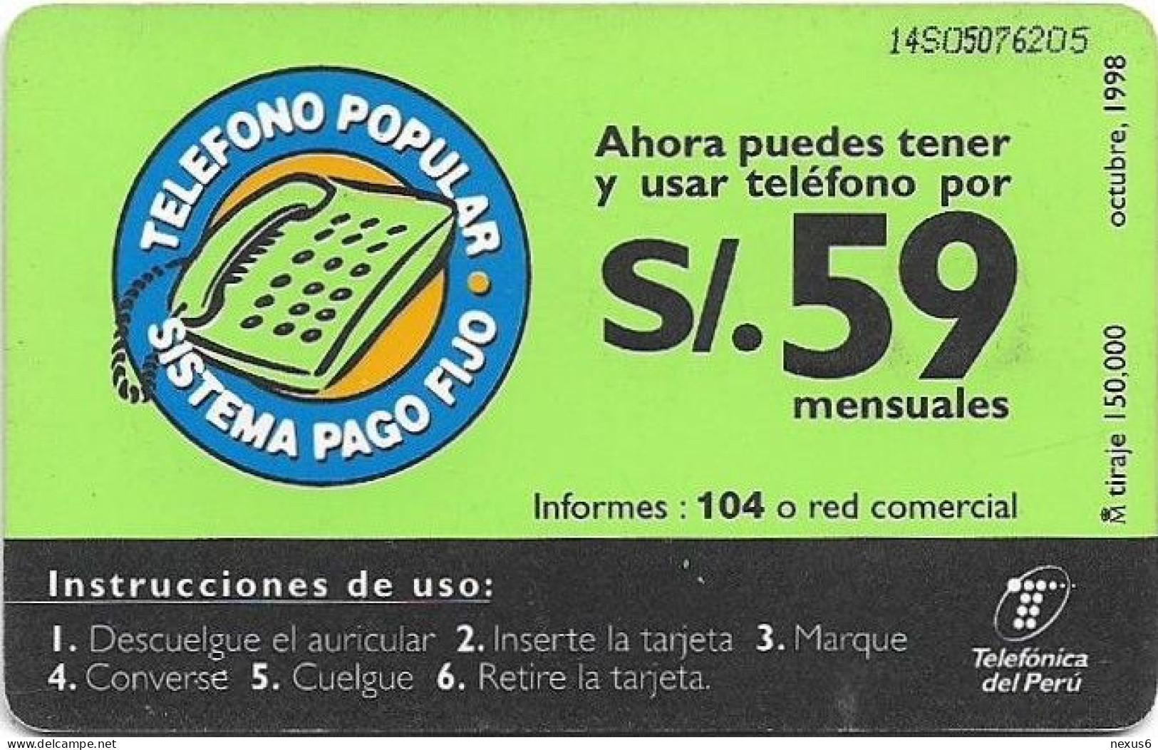 Peru - Telefónica - Teléfono Popular, Sistema Pago Fijo, Siemens S30, 10.1998, 5Sol, 150.000ex, Used - Pérou