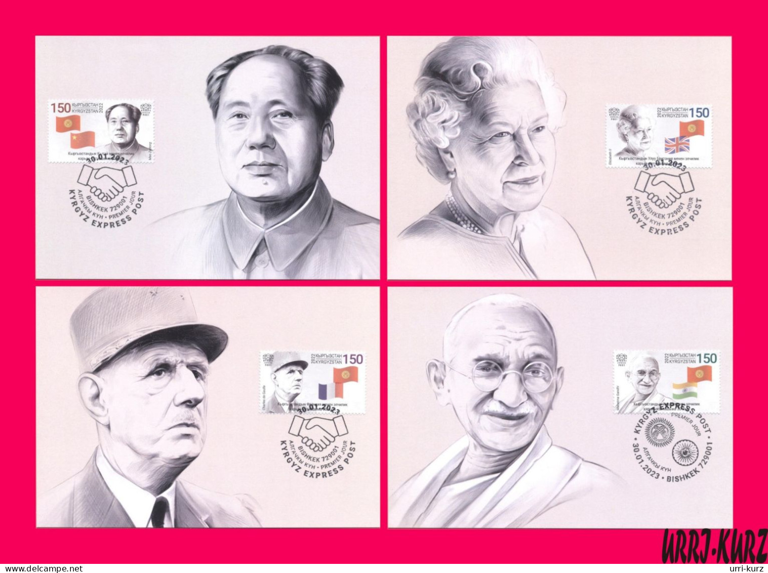 KYRGYZSTAN 2022-2023 Famous People Mao Zedong,Queen Elizabeth-II,Charles Gaulle,Mahatma Gandhi 4 Maxicards Maximum Cards - Kyrgyzstan